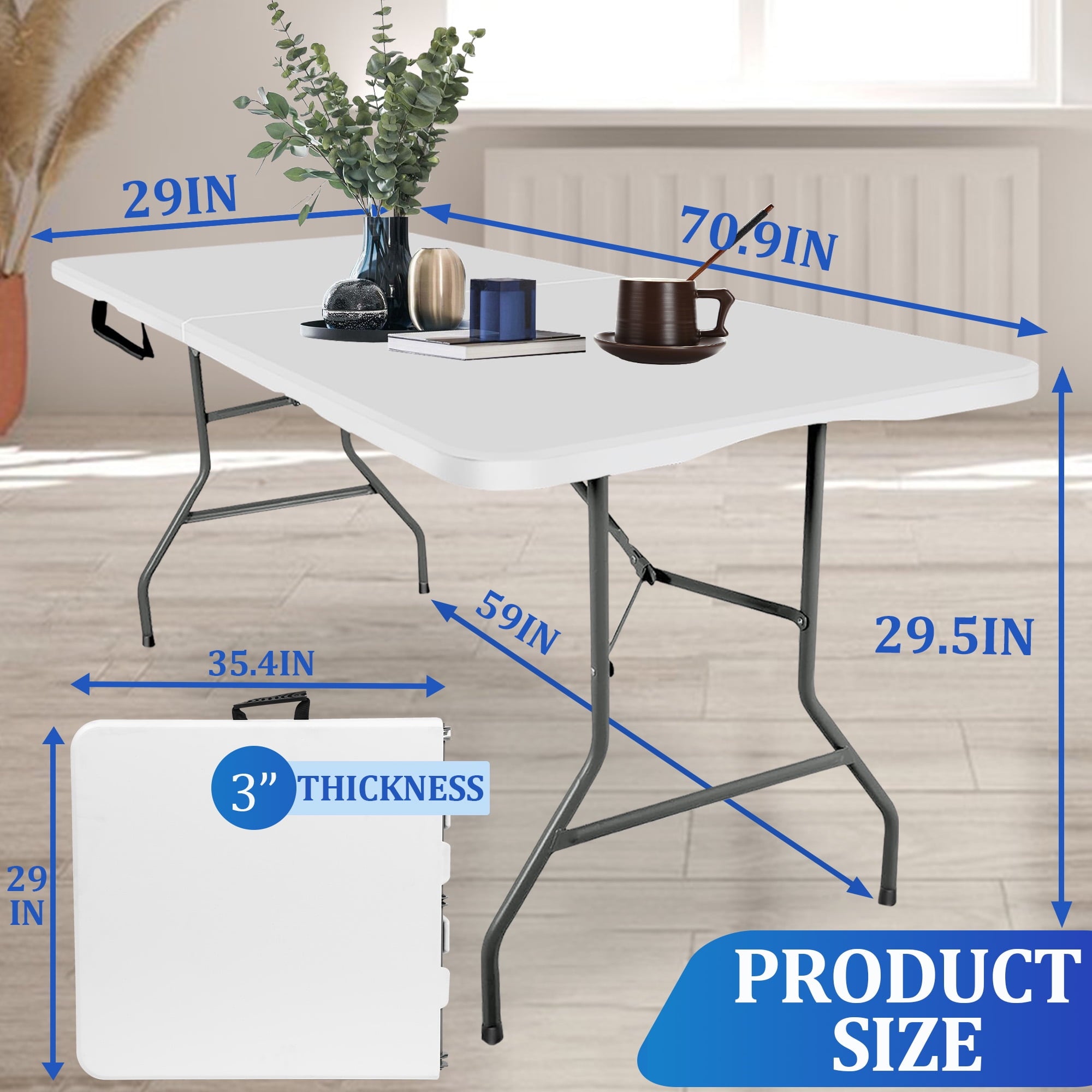 6FT Folding Table, Portable Plastic Design with Powder-Coated Steel Legs – Ideal for Picnics, Parties, Office and Camping – Convenient Carry Handle for Easy Transportation, White