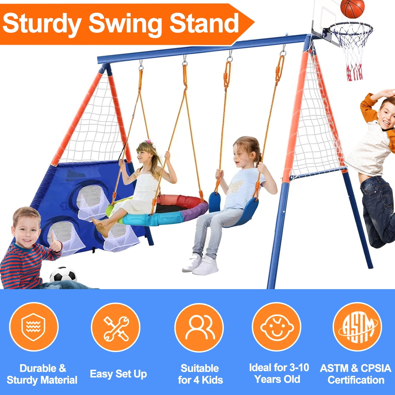 Swing Sets for Outside,A-Frame Swing Set with Basketball Hoop & Soccer Goal