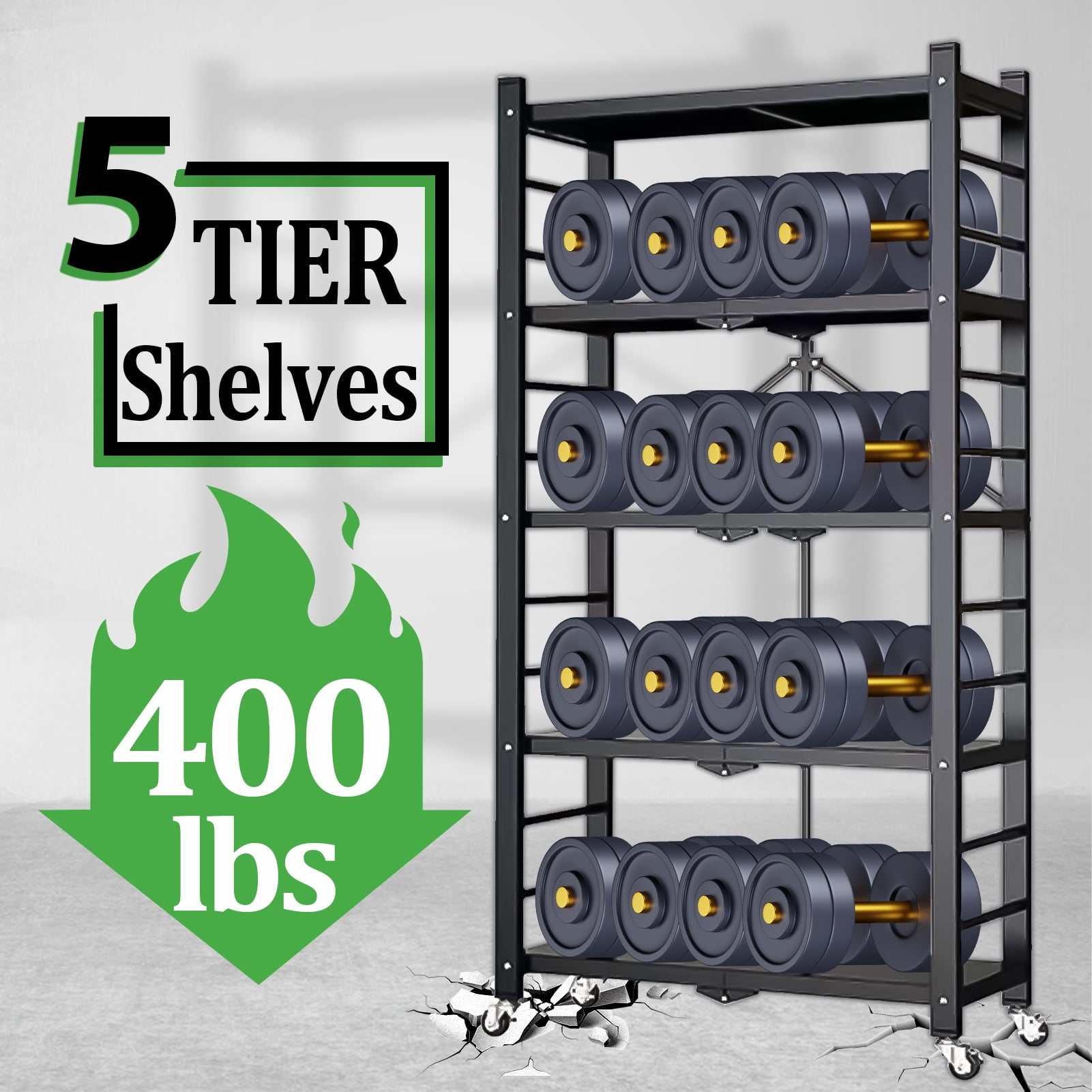 Camkey 5-Tier Heavy Duty Metal Shelving, Foldable with Wheels, No Assembly