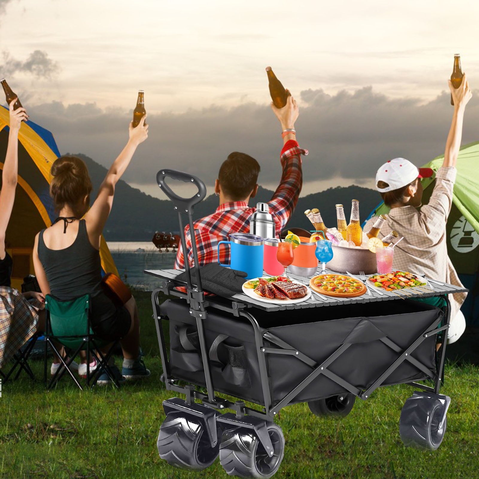 Foldable Wagon Cart with Aluminum Table Plate, 360° Rotating Wheels for All Terrain, 350LBS Heavy Duty Shopping Cart for Grocery, Beach, and Outdoor Adventures
