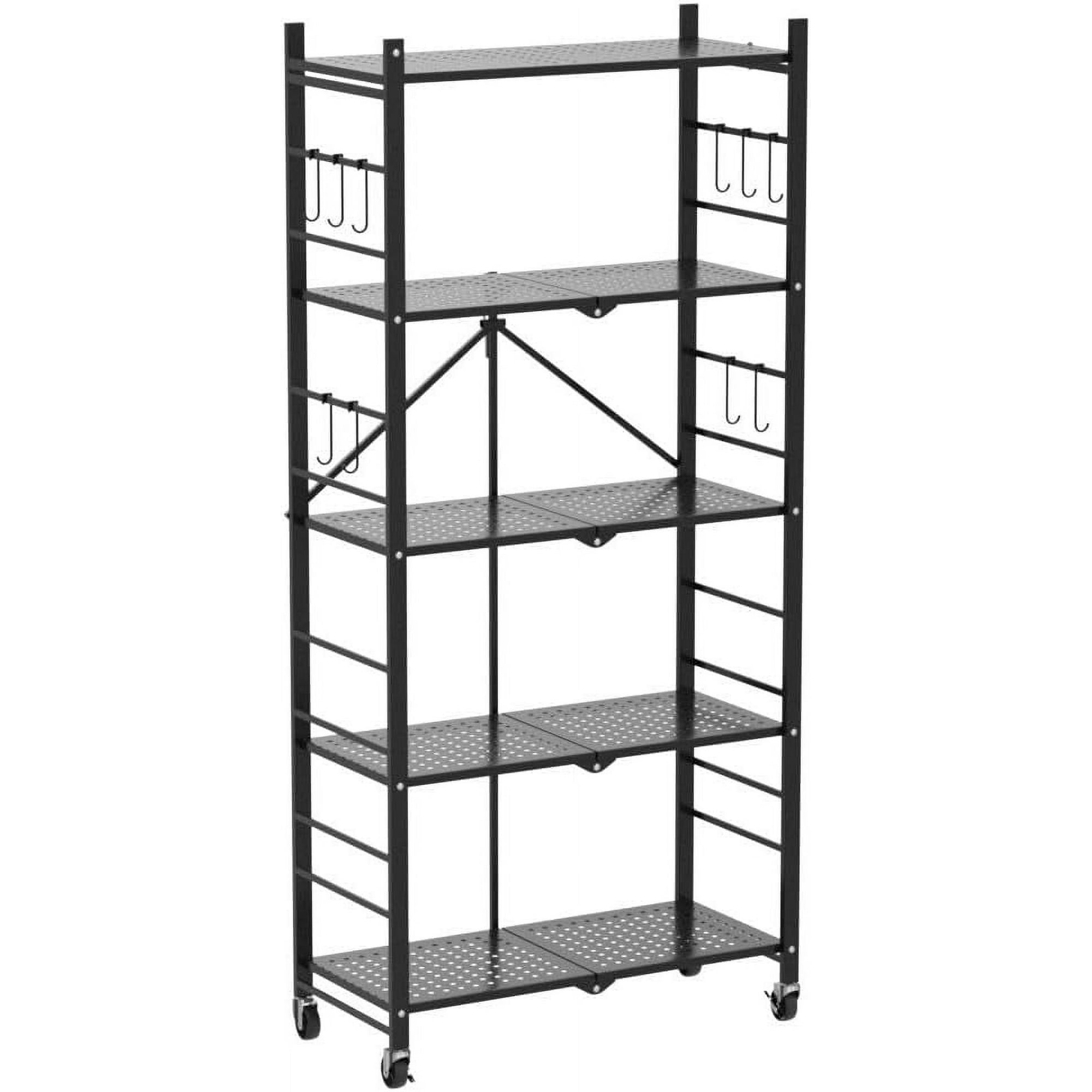 5-Tier Metal Storage Shelves with Wheels, Heavy Duty Foldable Garage Shelving Unit for Easy Organization, Ideal for Kitchen, Garage, and Basement, Black