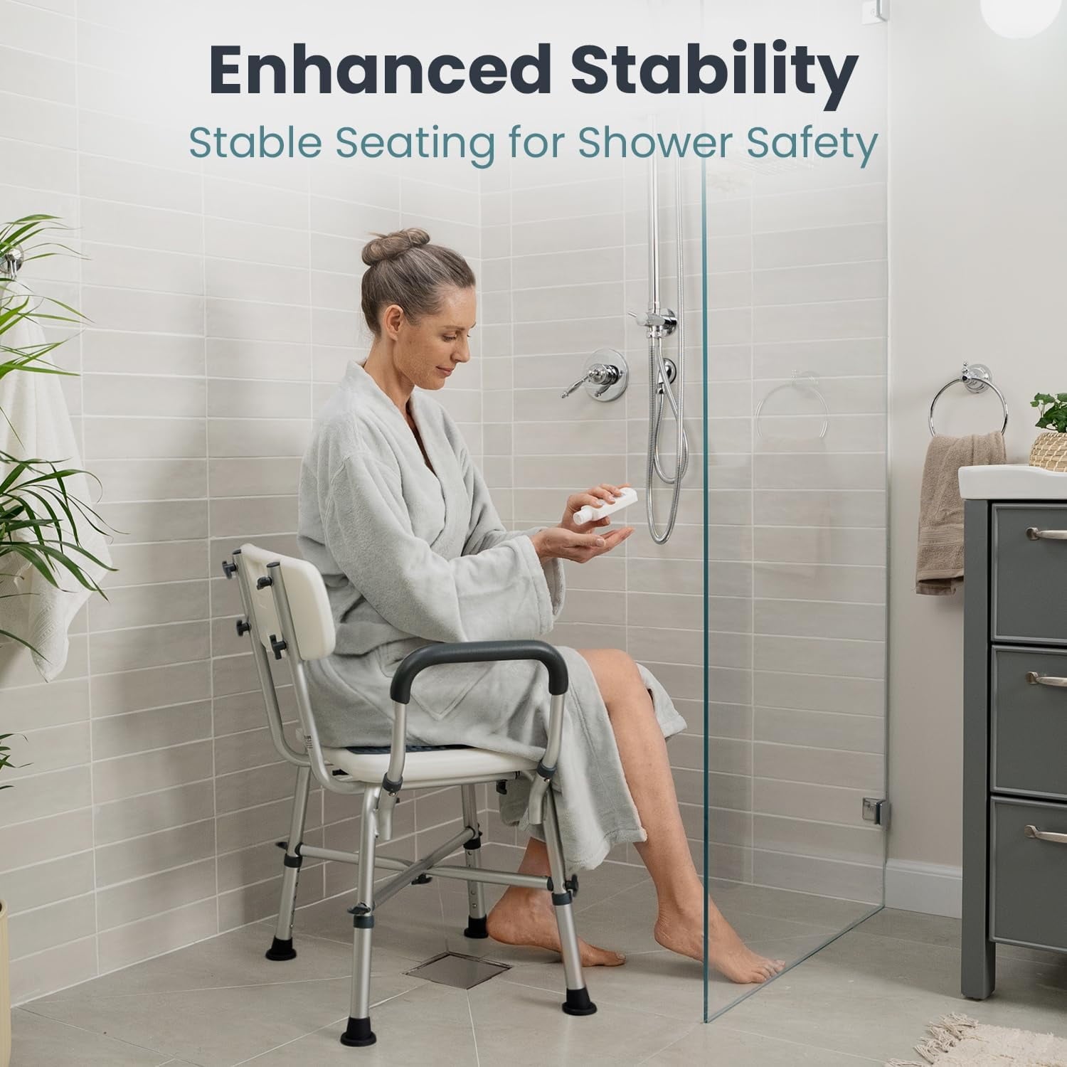 Bath Shower Chair Shower Stool with Shower Grab Bar, Height Adjustable Bath Bench, Support 350 lbs for Seniors, Elderly, Disabled, White