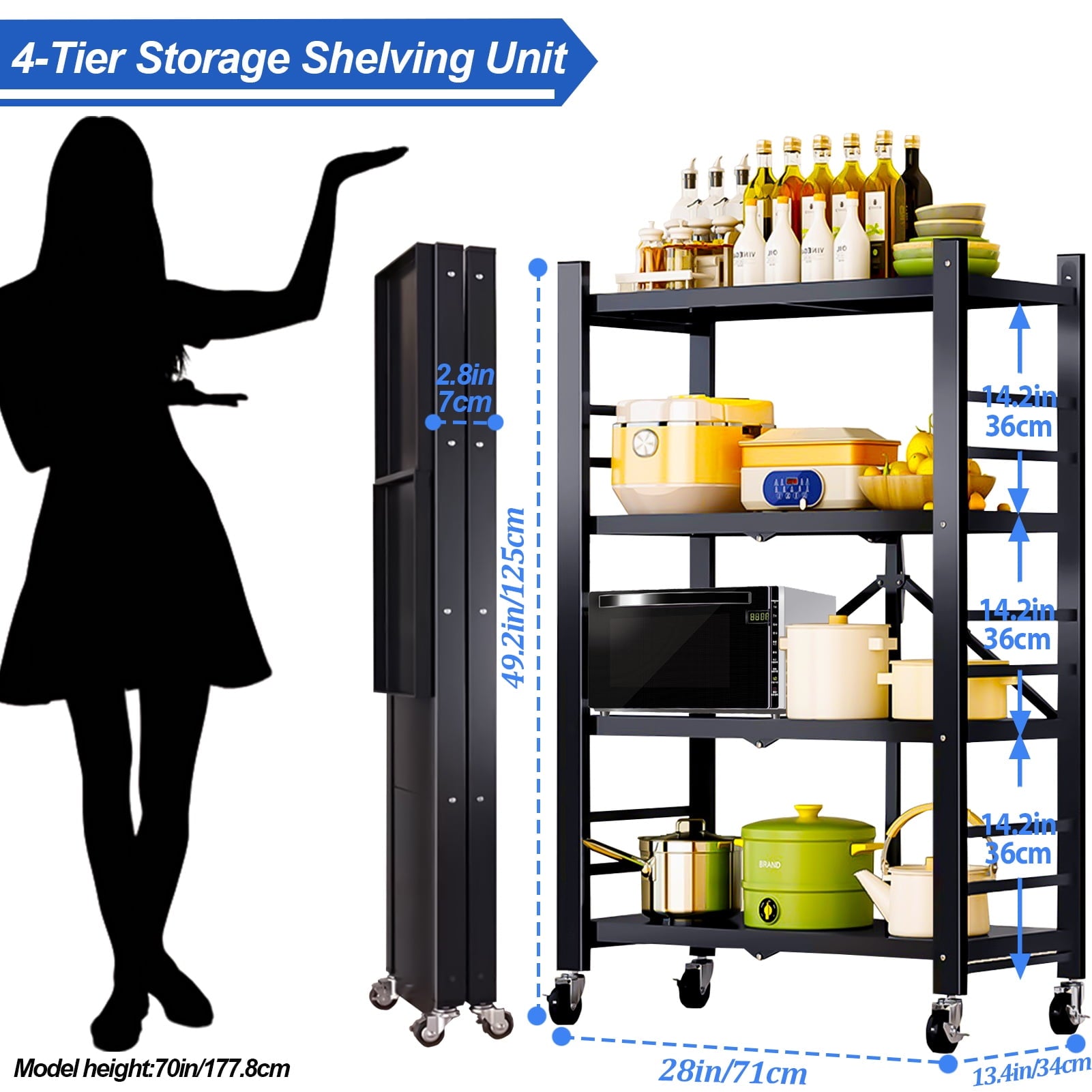 Storage Shelving Units, 4-Tier Metal Storage Shelves Rack with Wheels, Easy to Fold, No Assembly Required, Ideal for Kitchen, Basement, Pantry Organization, Black