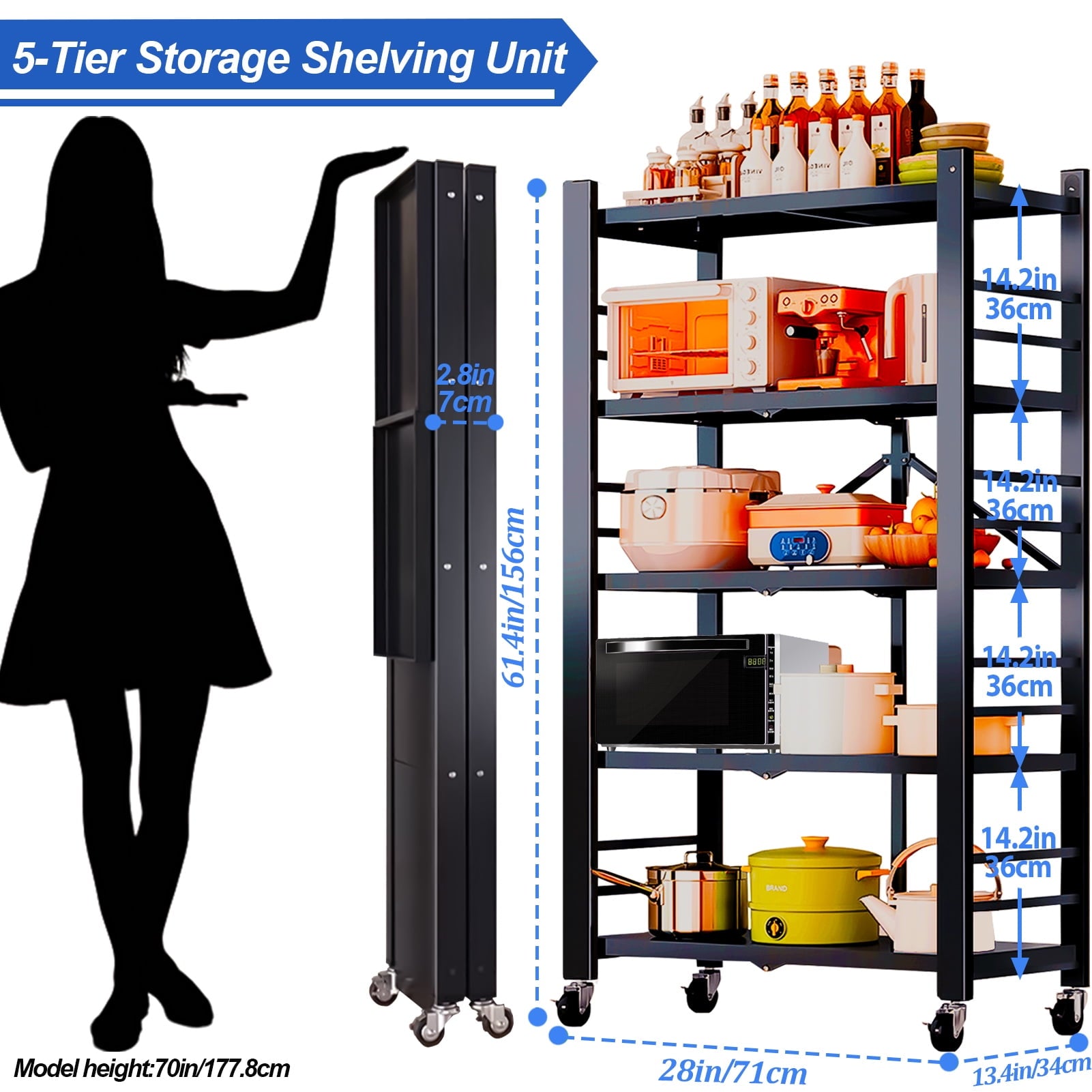 Foldable 5-Tier Metal Rack Shelving Unit, Heavy Duty Garage Storage Shelves, Easy to Move with Wheels, Ideal for Kitchen, Basement, and Pantry Organization, Black