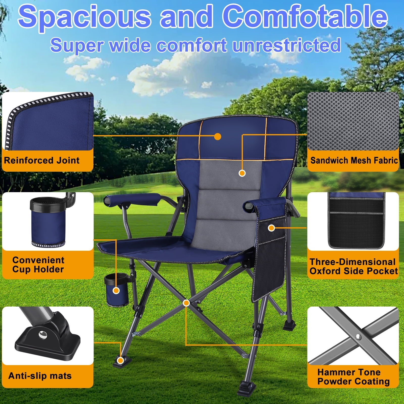 Camping Chair with Padded Hard Armrest, Sturdy Folding Camp Chair with Cup Holder, Storage Pockets Carry Bag Included