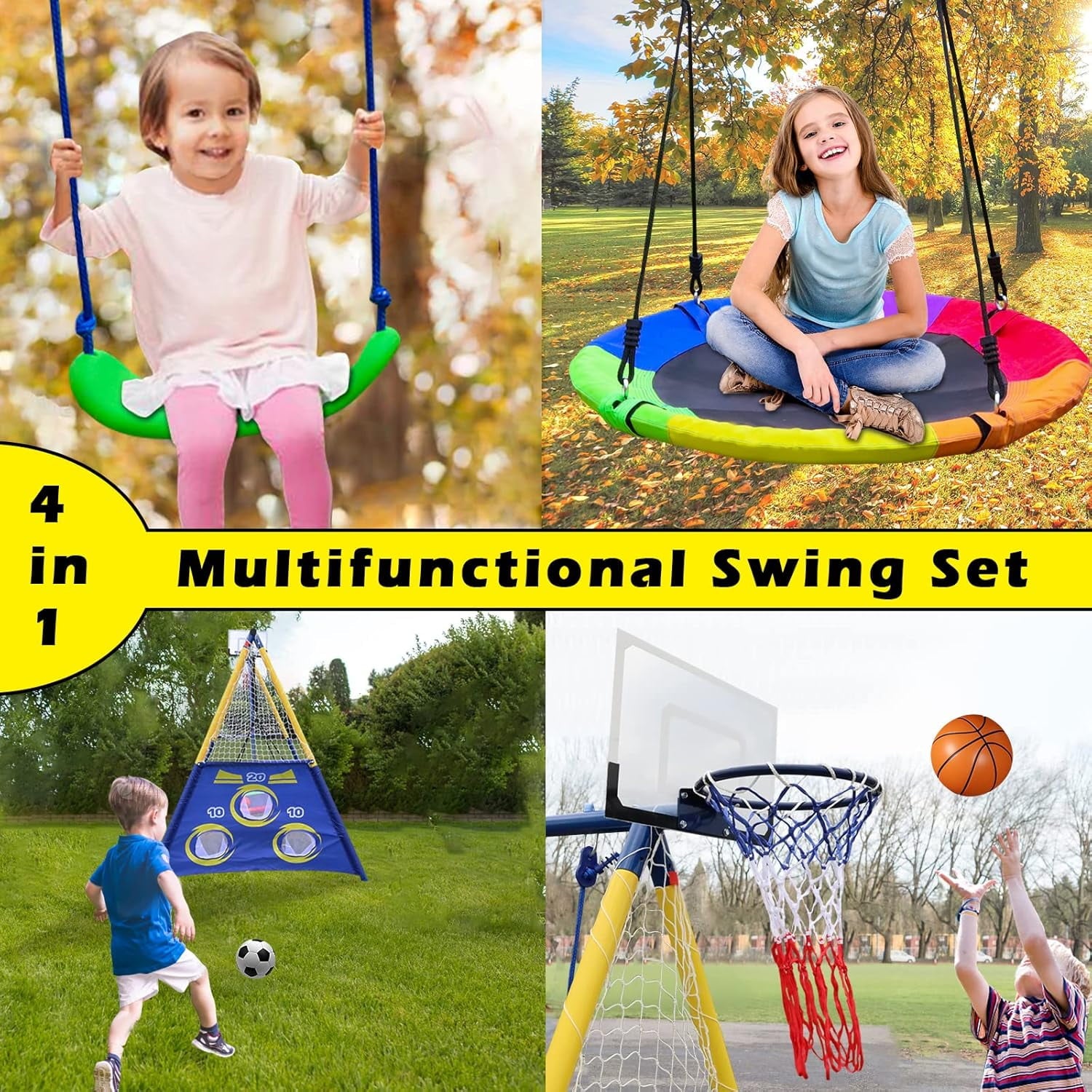 Swing Set for Backyard, Swing Sets with Basketball Hoop & Soccer Goal, A-Frame Metal Swing Stand