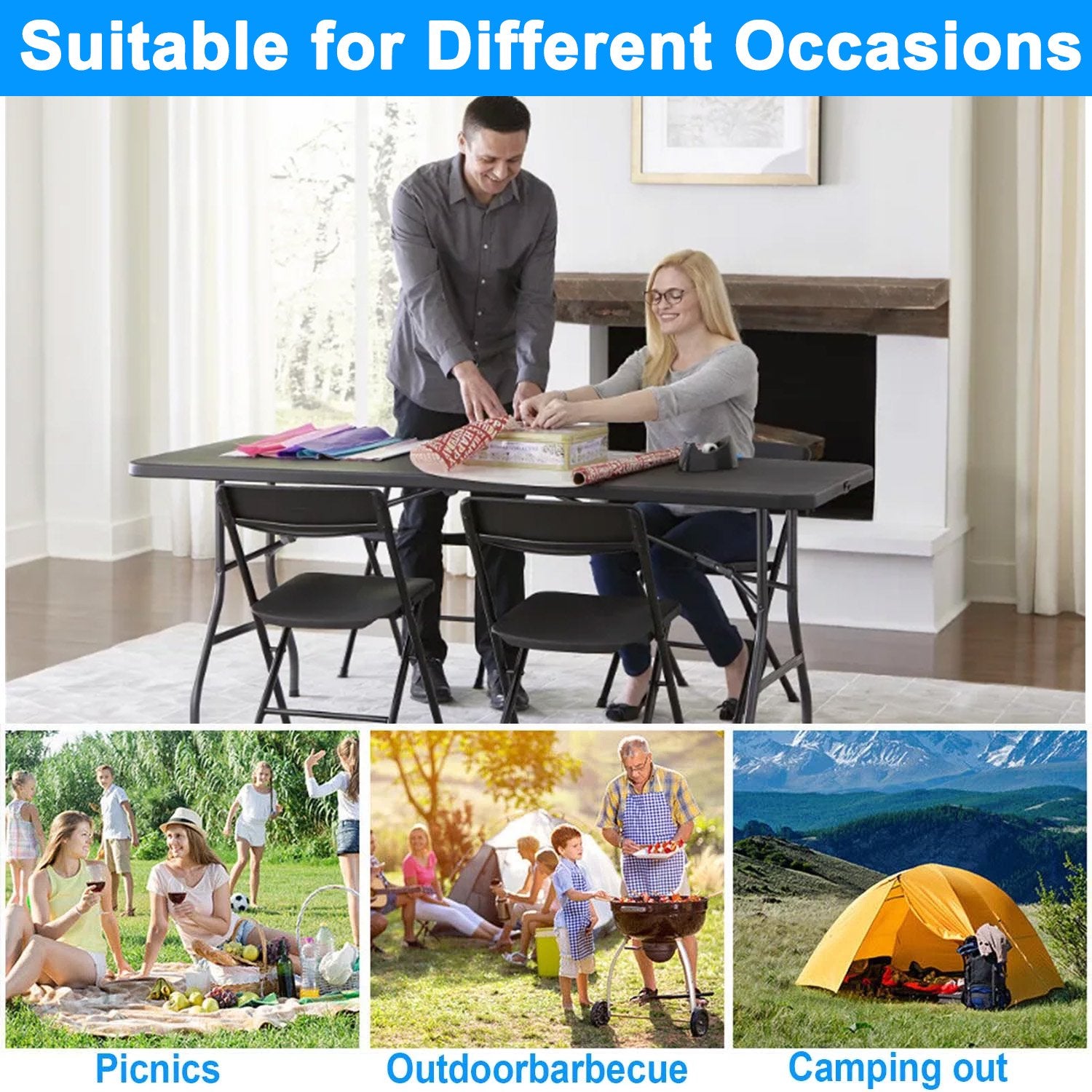 GAZILY 6ft Portable Plastic Folding Table for Home Garden Office Indoor Outdoor, Black