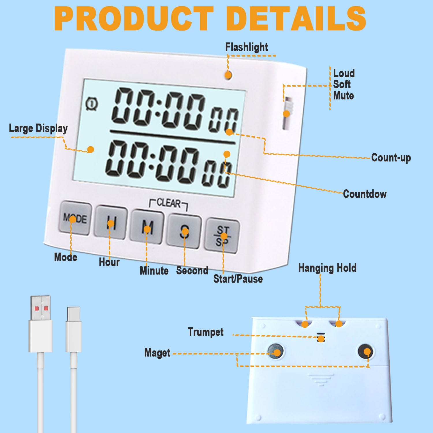 HKEEY Kitchen Timer, Digital Kitchen Timer with Dual Countdown Stop Watches Timer/ Magnetic Timer Clock with Adjustable Loud Alarm&Backlight LCD Big Digits/ 24 Hour Digital Timer