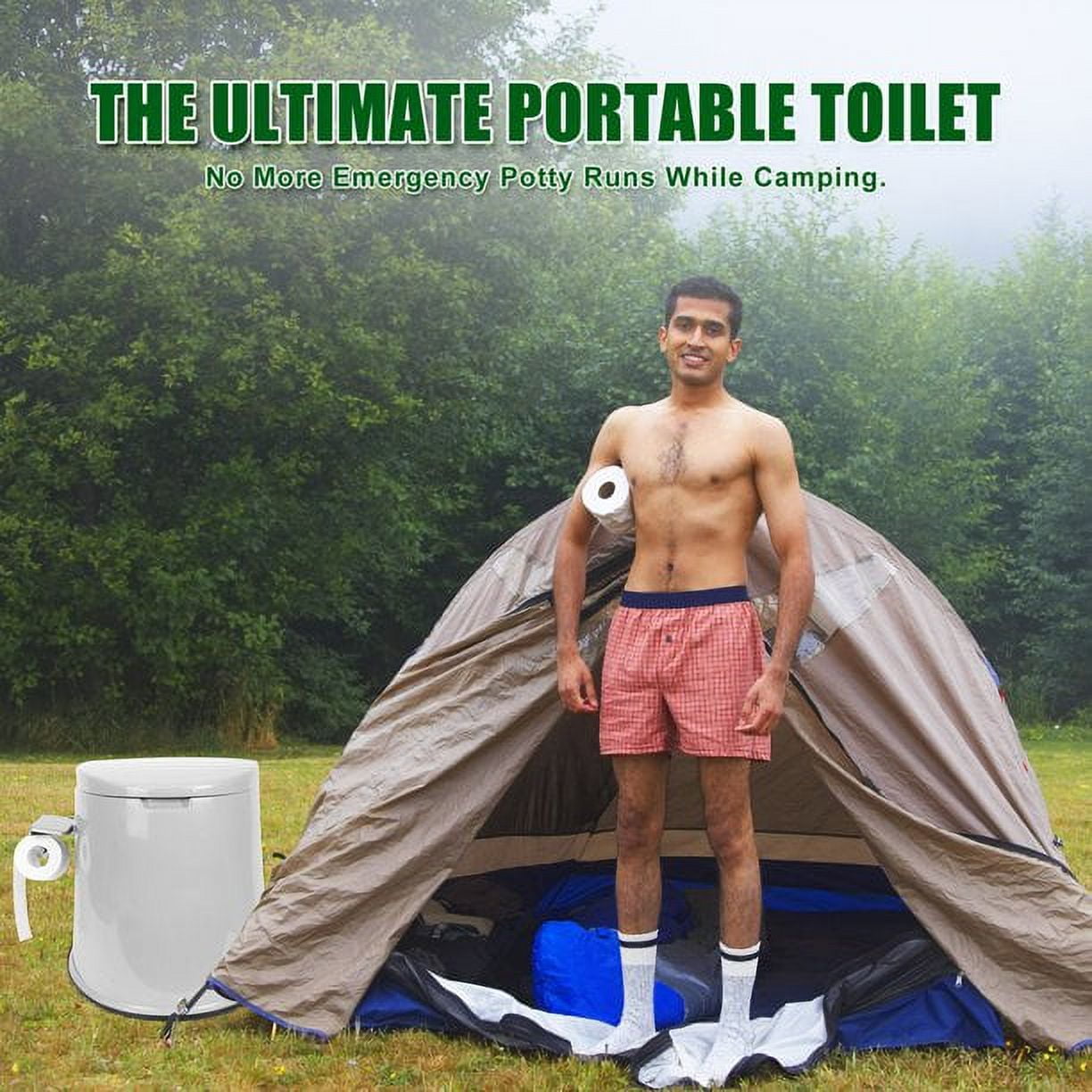 Portable Camping Toilet with Detachable Inner Bucket and Removable Toilet Paper Holder - White
