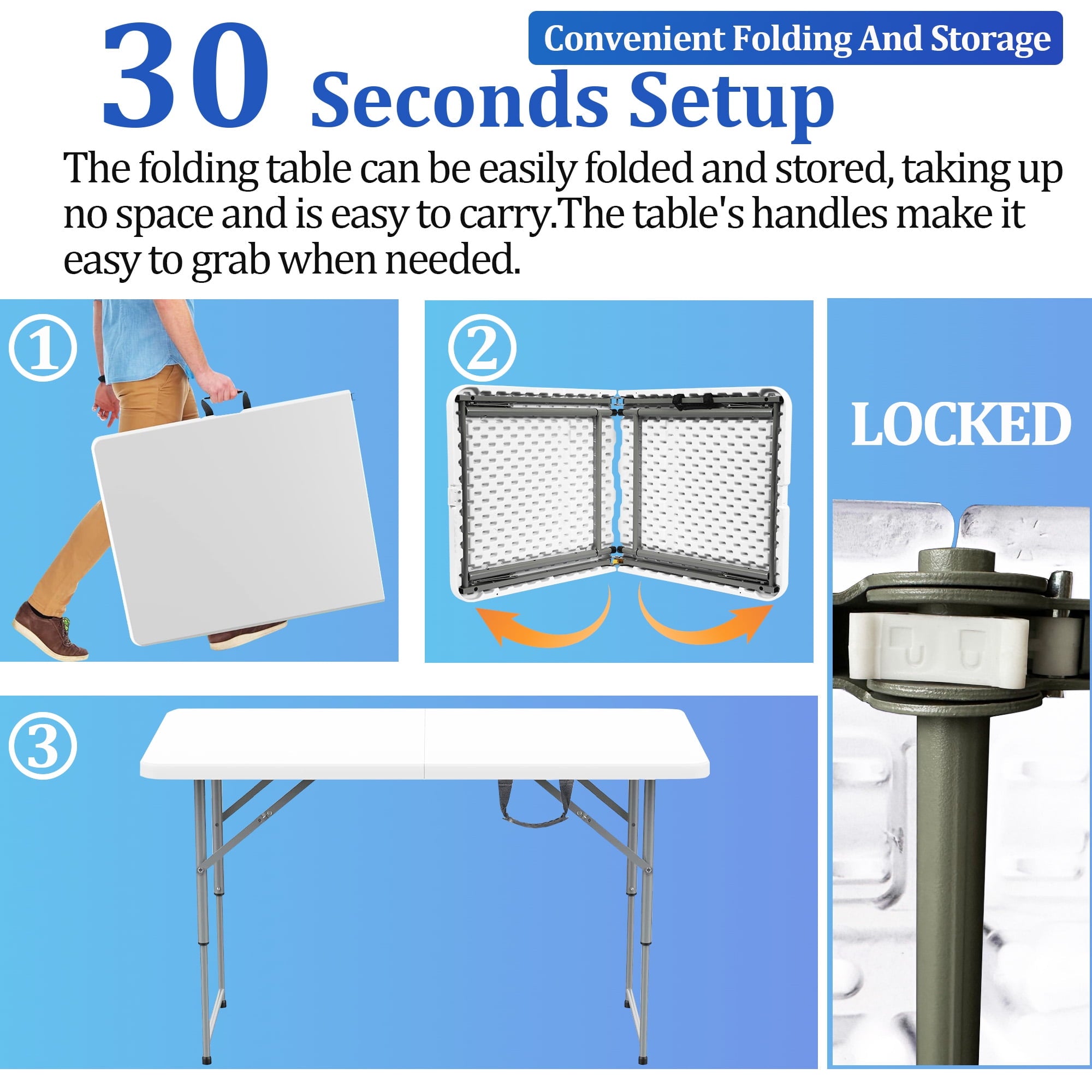 4FT Folding Table - Portable Foldable Table with Lock Function, Ideal for Indoor/Outdoor Use - Compact Design for Dining, Camping, and Parties - Heavy Duty, White