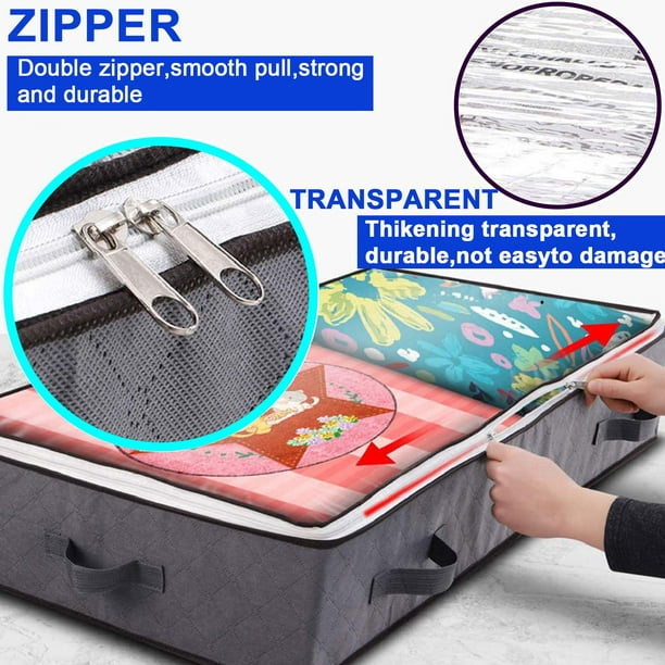 HKEEY Underbed Storage Bags Set of 2,Large Capacity Storage Bag Organizer,with Reinforced Handle,Non-Woven Material,Clear Window, with Zipper,Grey