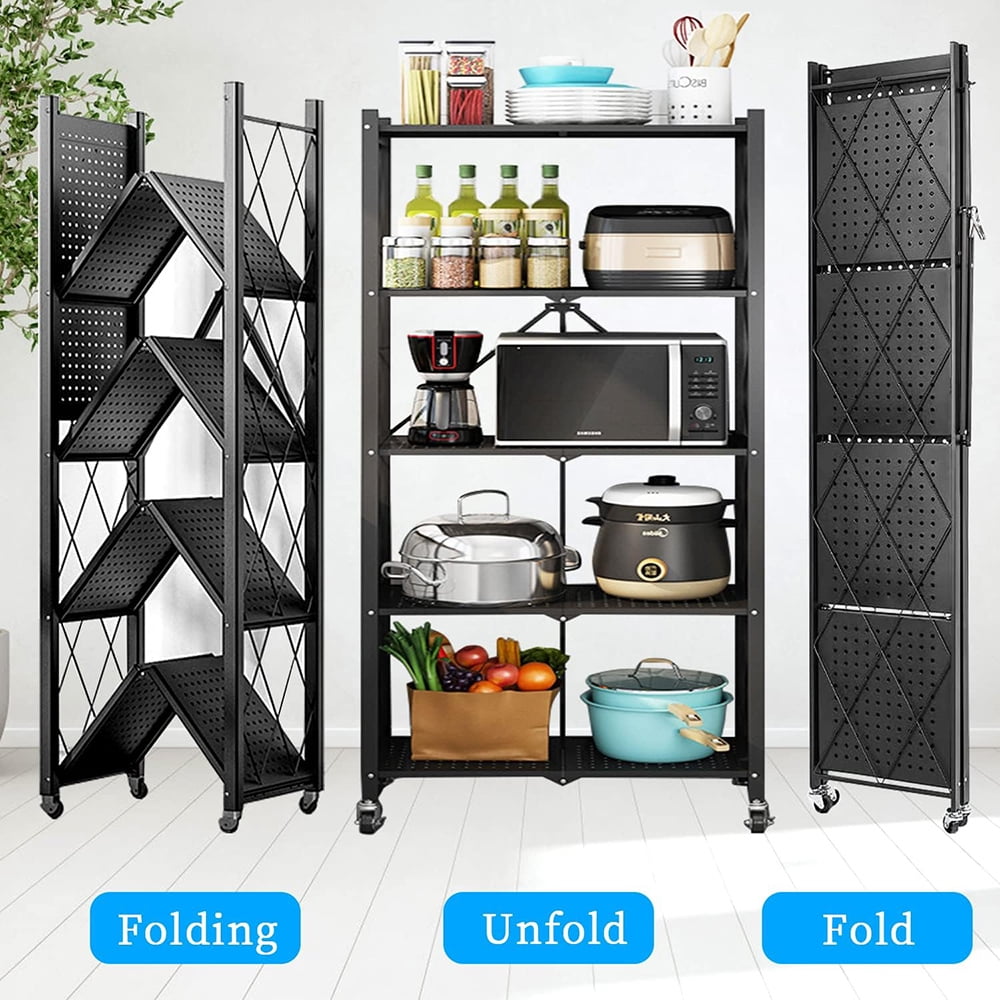 5-Tier Metal Storage Shelves with Wheels, Heavy Duty Foldable Garage Shelving Unit for Easy Organization, Ideal for Kitchen, Garage, and Basement, Black