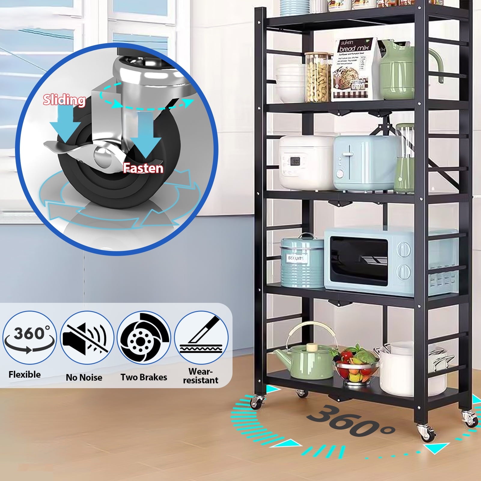 Foldable 5-Tier Metal Rack Shelving Unit, Heavy Duty Garage Storage Shelves, Easy to Move with Wheels, Ideal for Kitchen, Basement, and Pantry Organization, Black