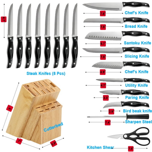 HKEEY Knife Sets, 19-Pieces German Stainless Steel Kitchen Knives Block Set with Built-in Sharpener, Lightweight and Strong, Dishwasher Safe, Silver