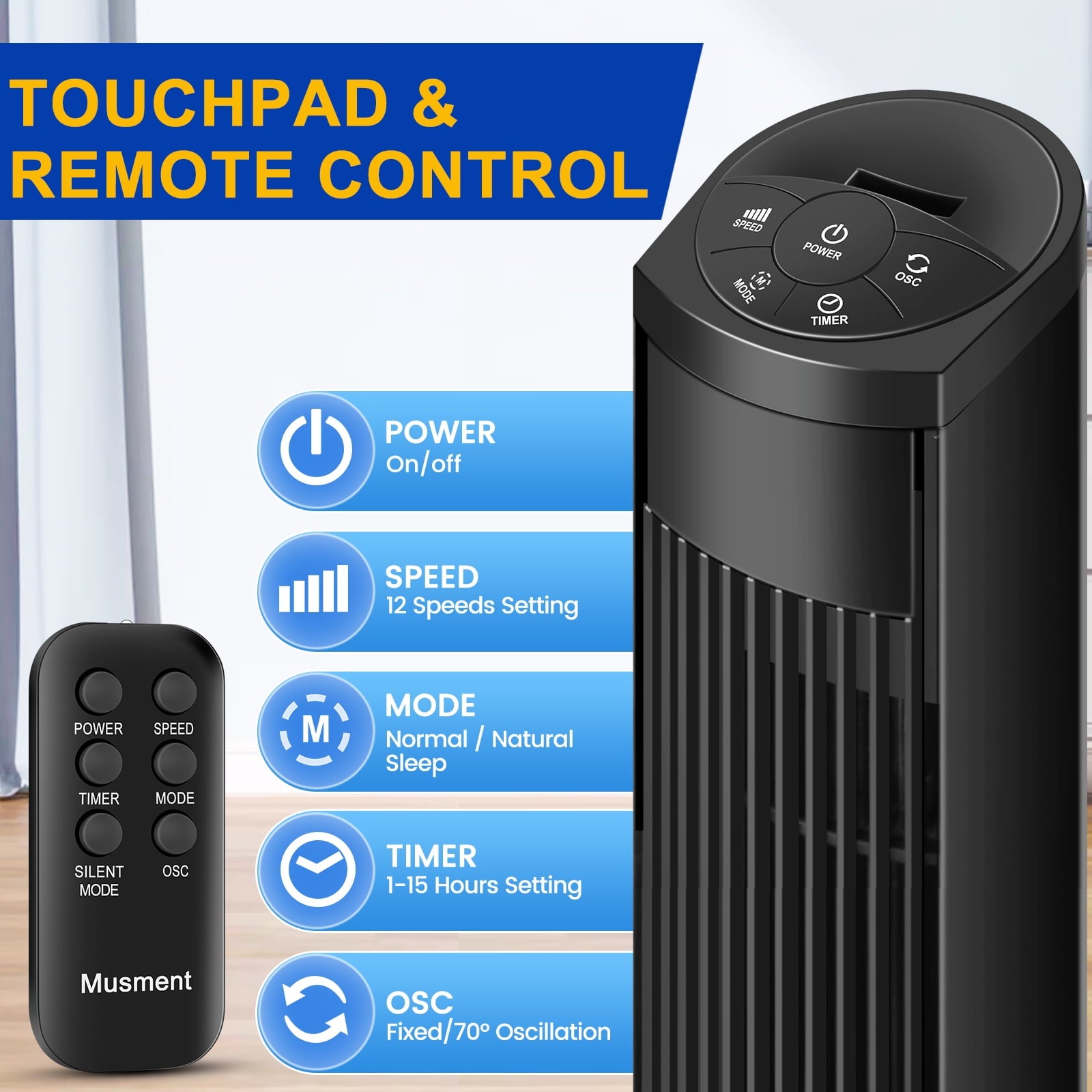 Tower Fan, 36" Quiet Floor Fans, 3-Speed, 15H Timer, LED Display, Oscillating Portable Standing Fans for Bedroom & Office