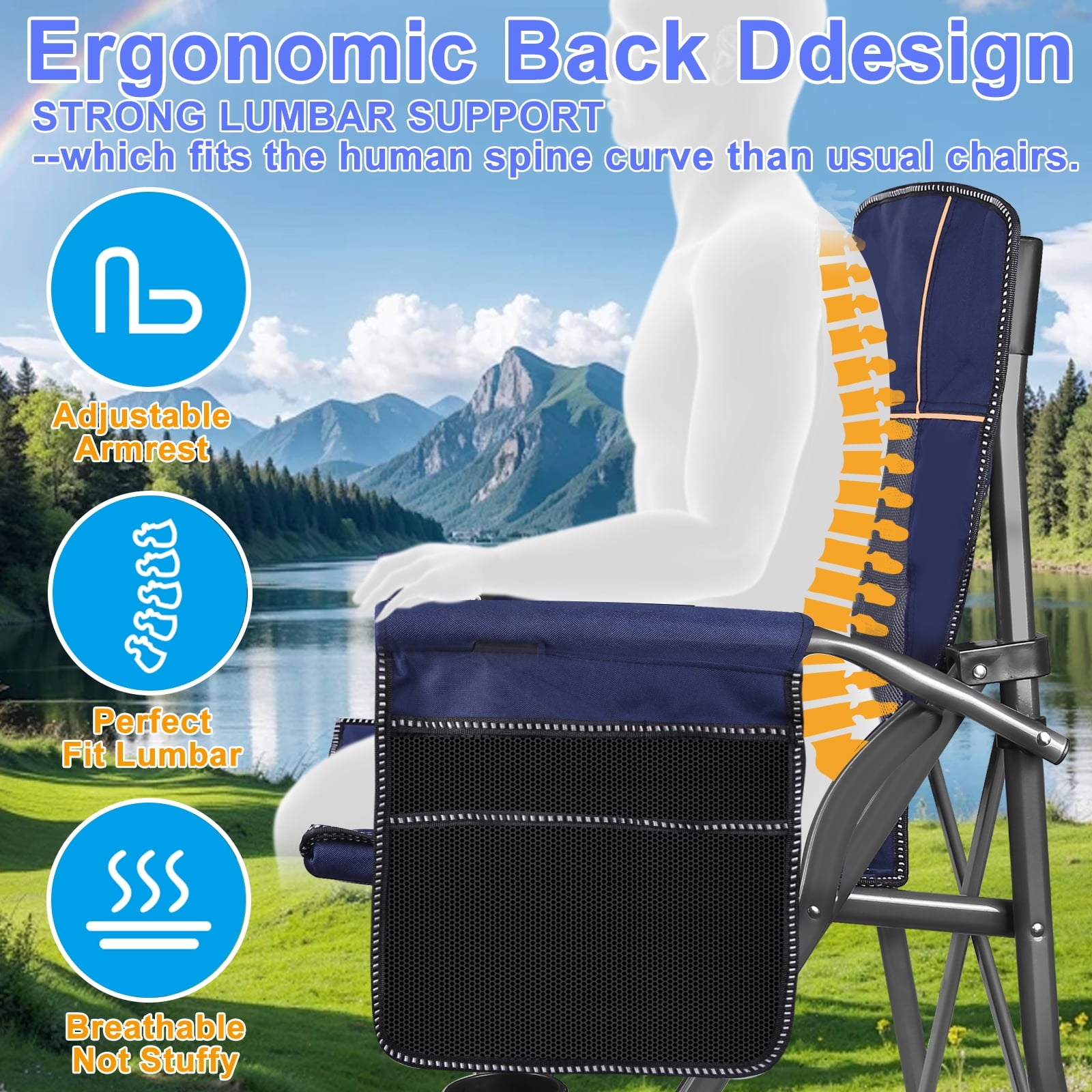Camping Chair with Padded Hard Armrest, Sturdy Folding Camp Chair with Cup Holder, Storage Pockets Carry Bag Included
