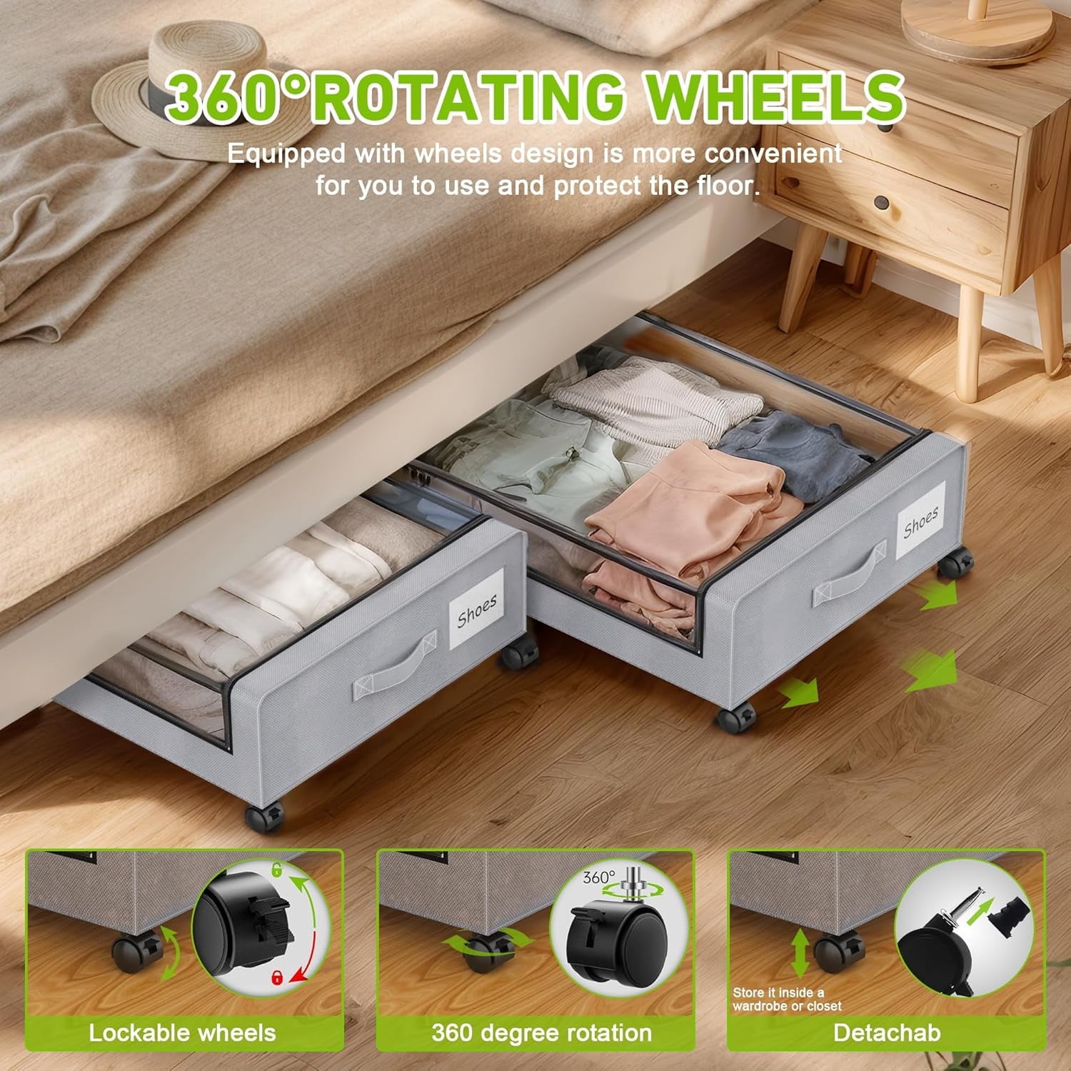 Under Bed Storage with Wheels, 2Pack Under Bed Storage Containers, Under Bed Shoe Storage Organizer, Rolling Under Bed Metal Drawer for Clothes, Blankets