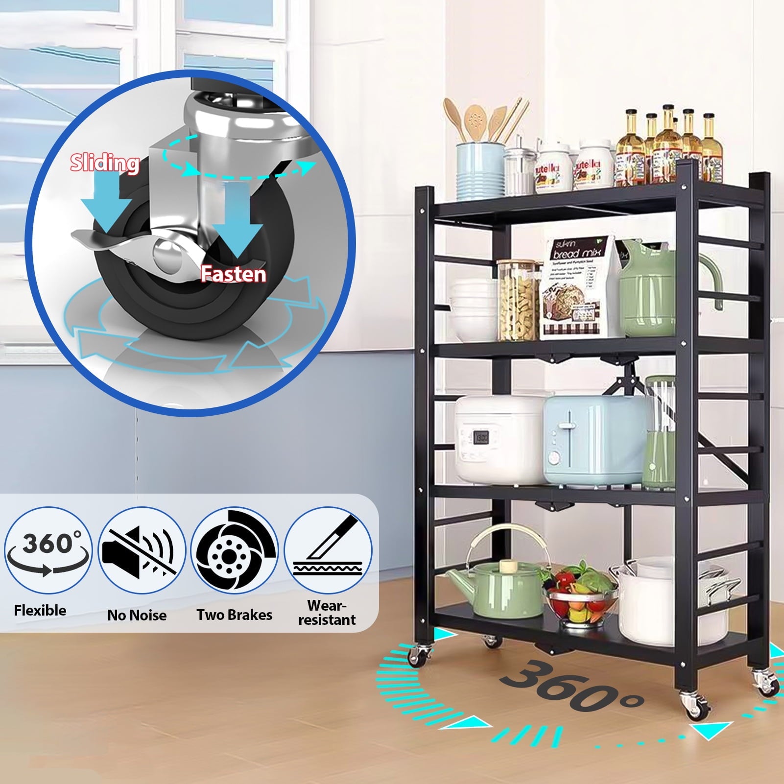 Storage Shelving Units, 4-Tier Metal Storage Shelves Rack with Wheels, Easy to Fold, No Assembly Required, Ideal for Kitchen, Basement, Pantry Organization, Black