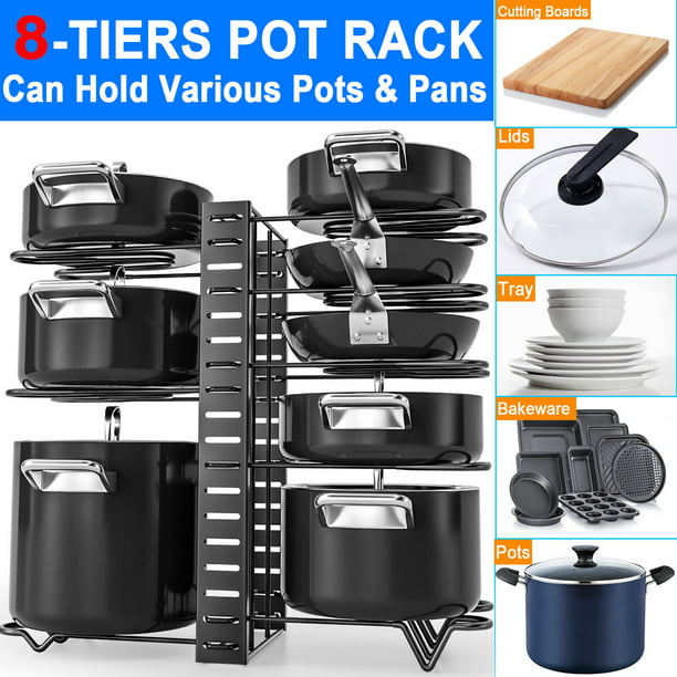 8 Tiers Pots and Pans Organizer, Adjustable Pot Rack for Kitchen Organization & Storage, Kitchen Cabinet Storage Metal Holders, Lid Organizer for Pots and Pans with 3 DIY Methods