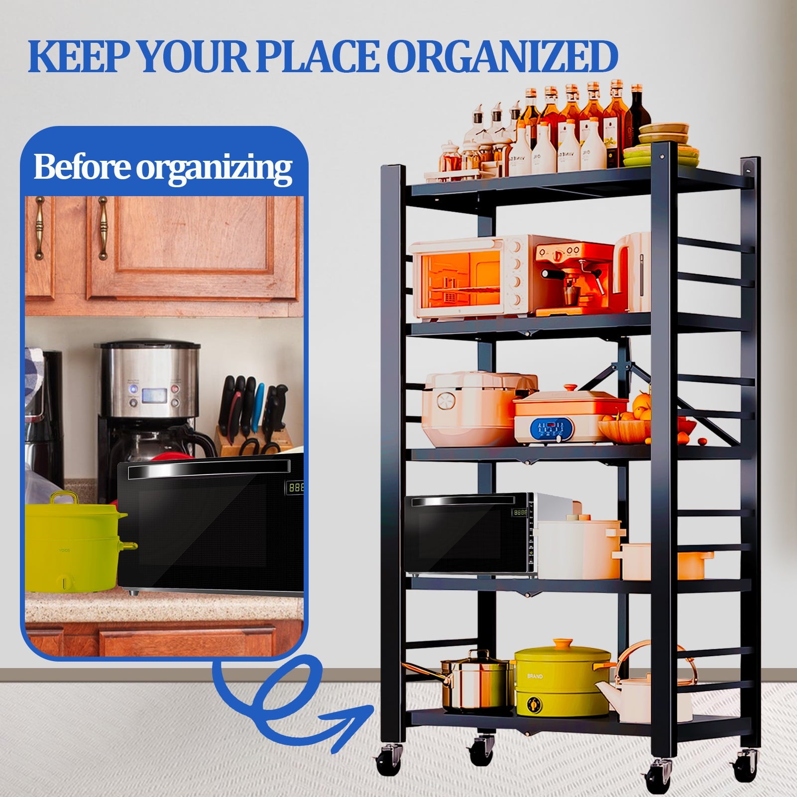 Foldable 5-Tier Metal Rack Shelving Unit, Heavy Duty Garage Storage Shelves, Easy to Move with Wheels, Ideal for Kitchen, Basement, and Pantry Organization, Black