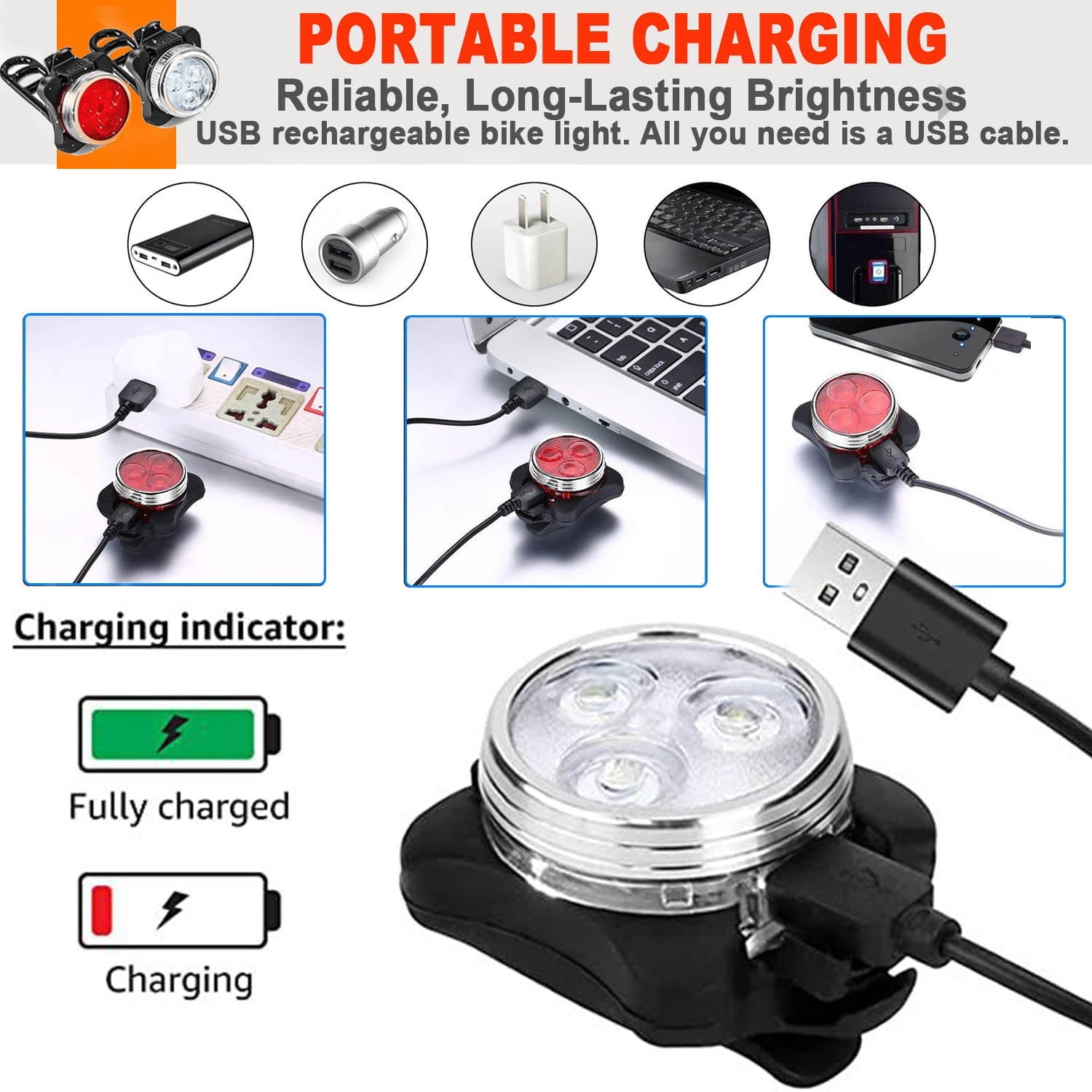 USB Rechargeable Bike Light Set,Super Bright Front Headlight and Rear LED Bicycle Light