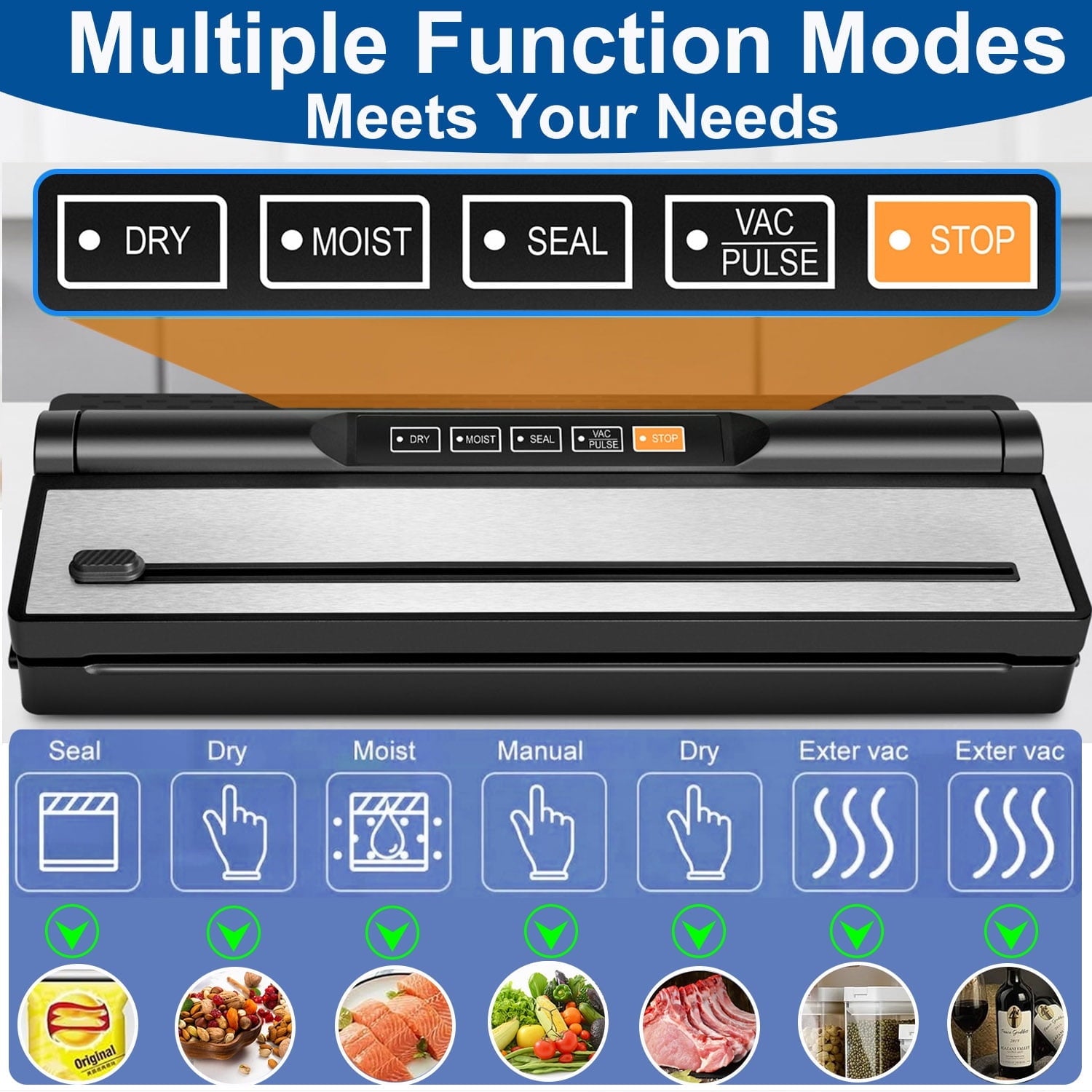 Food Vacuum Sealer Machine, Auto&Manual Food Sealer with 2 Rolls Food Vacuum Sealer Bags for Food Preservation