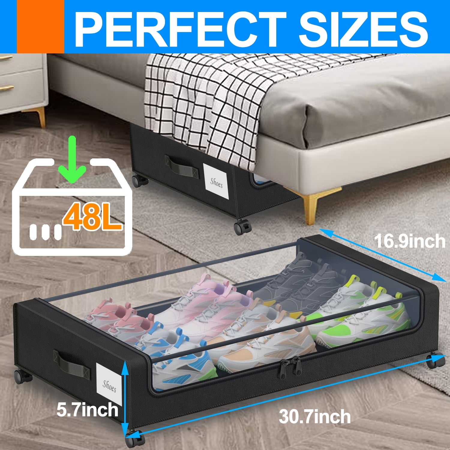 Under Bed Storage with Wheels, 2 Pack Under Bed Storage Containers with Dividers & Clear Lids, Under the bed storage Organizer Bins, Underbed Storage with Wheels for Clothes