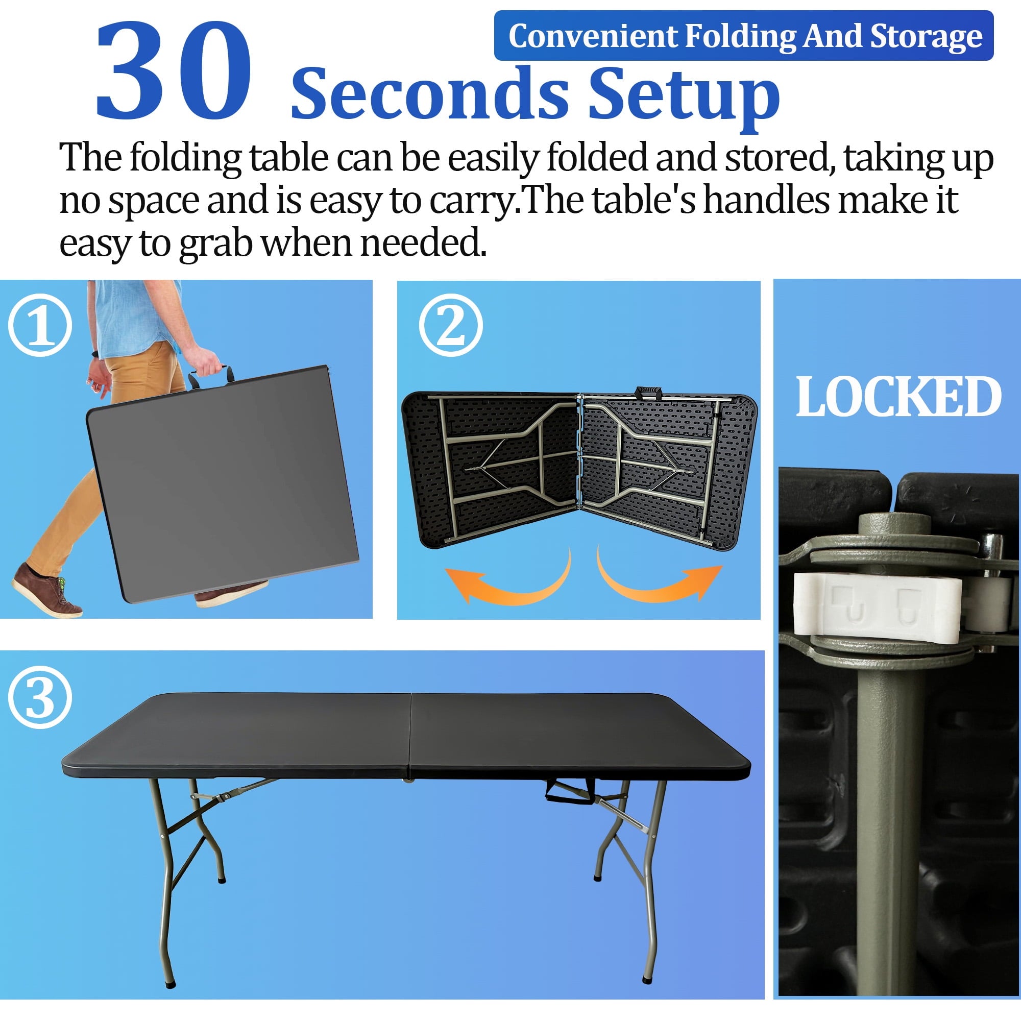 6FT Folding Table with Lock Mechanism, Portable and Adjustable for Camping, Dining, and Events – Indoor/Outdoor Utility Foldable Table with Collapsible Legs, Black