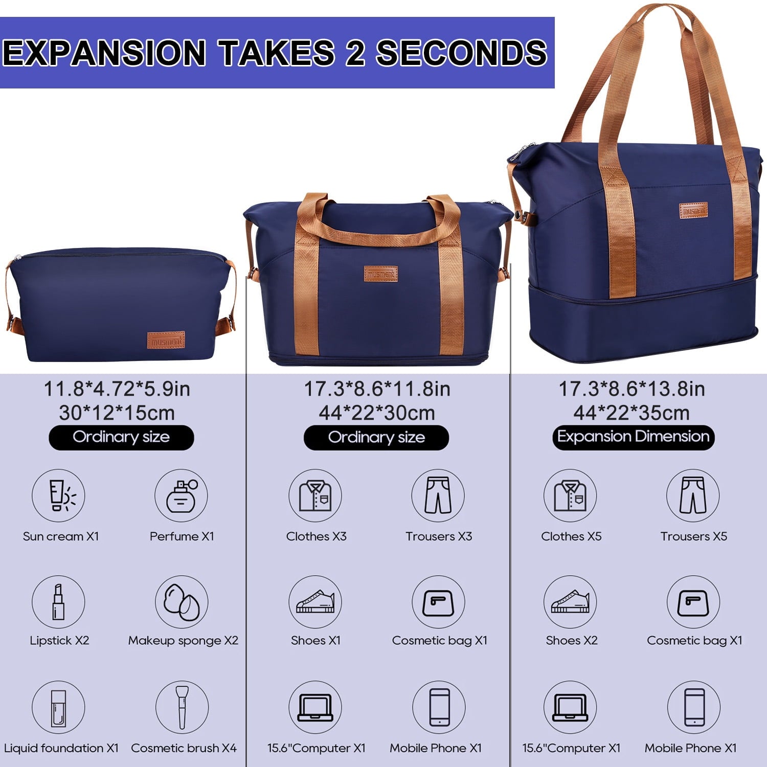 Travel Duffel Bag, Expandable Shoulder Weekender Overnight Bag for Women Sports Gym Bag