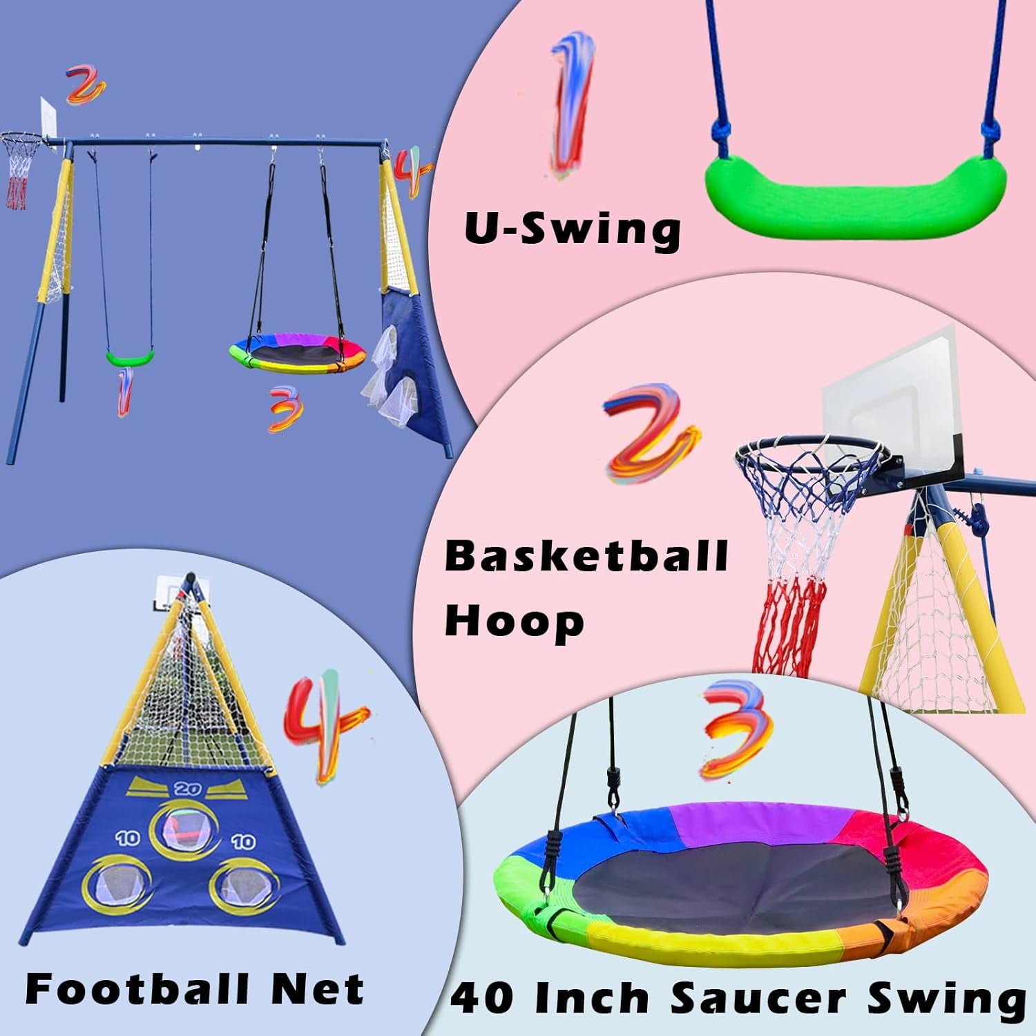 Swing Set for Backyard, Swing Sets with Basketball Hoop & Soccer Goal, A-Frame Metal Swing Stand
