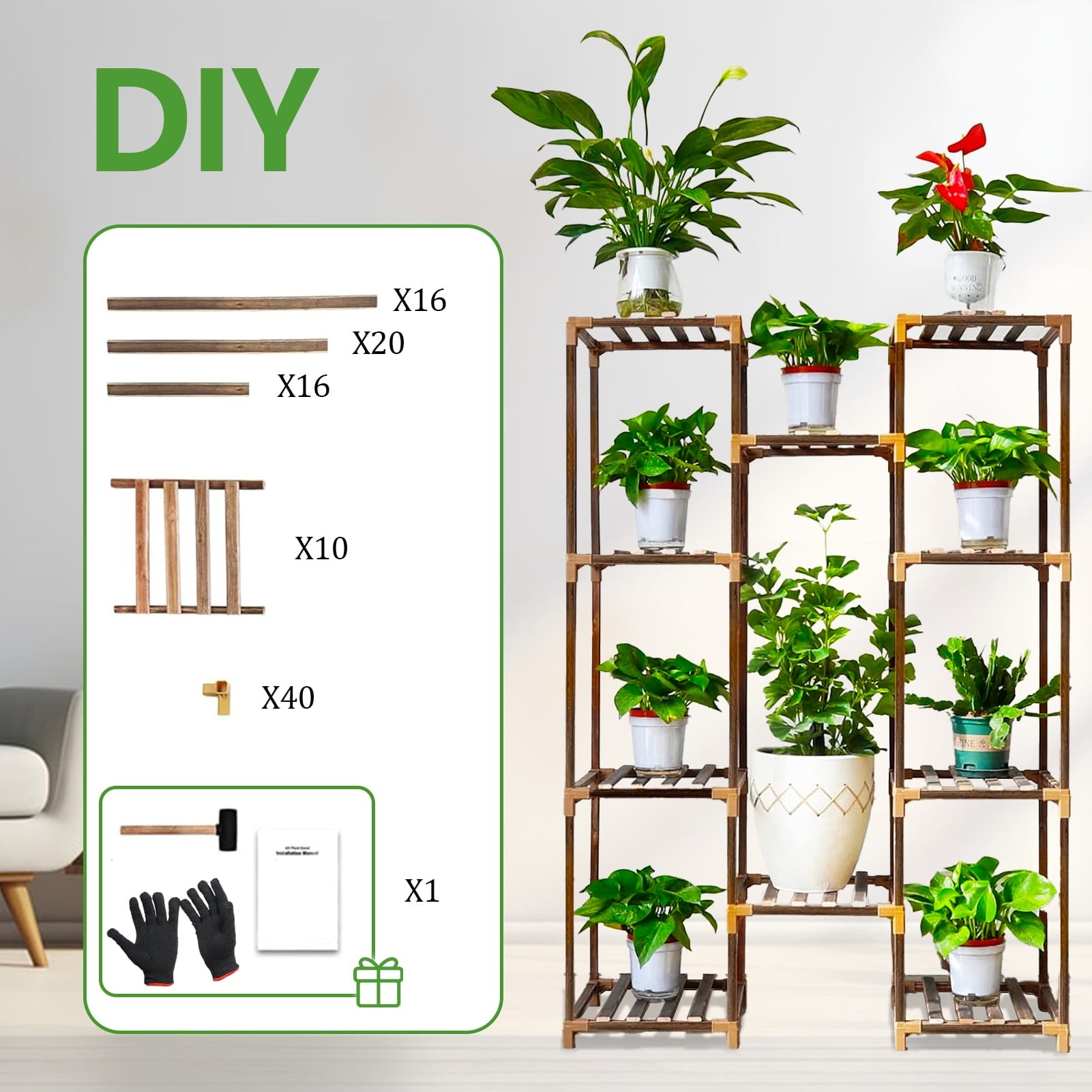 Indoor Plant Stand Tall - 10-Tier Wood Plant Shelf for Multiple Planters, Space-Saving Corner Rack for Apartment & Outdoor Use, Perfect for Indoor Plants, Garden, Patio, & Balcony Decor