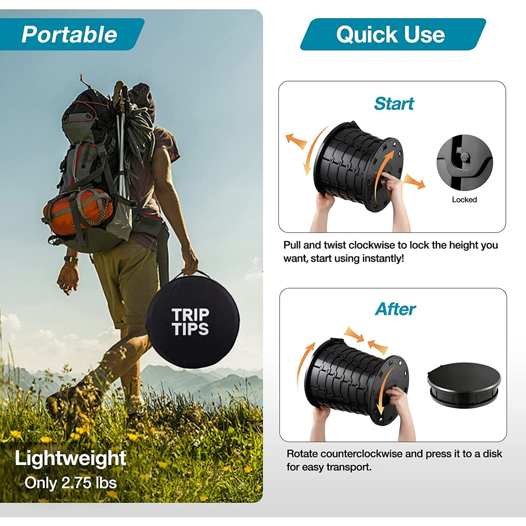 Portable Toilet for Camping, Portable Toilet for Adults, Portable Potty for Adults, Folding Waterproof Porta Potty for Camping, Car, Bucket, Travel, Outdoor, Hiking, Trips, Boat, Beach, Tent