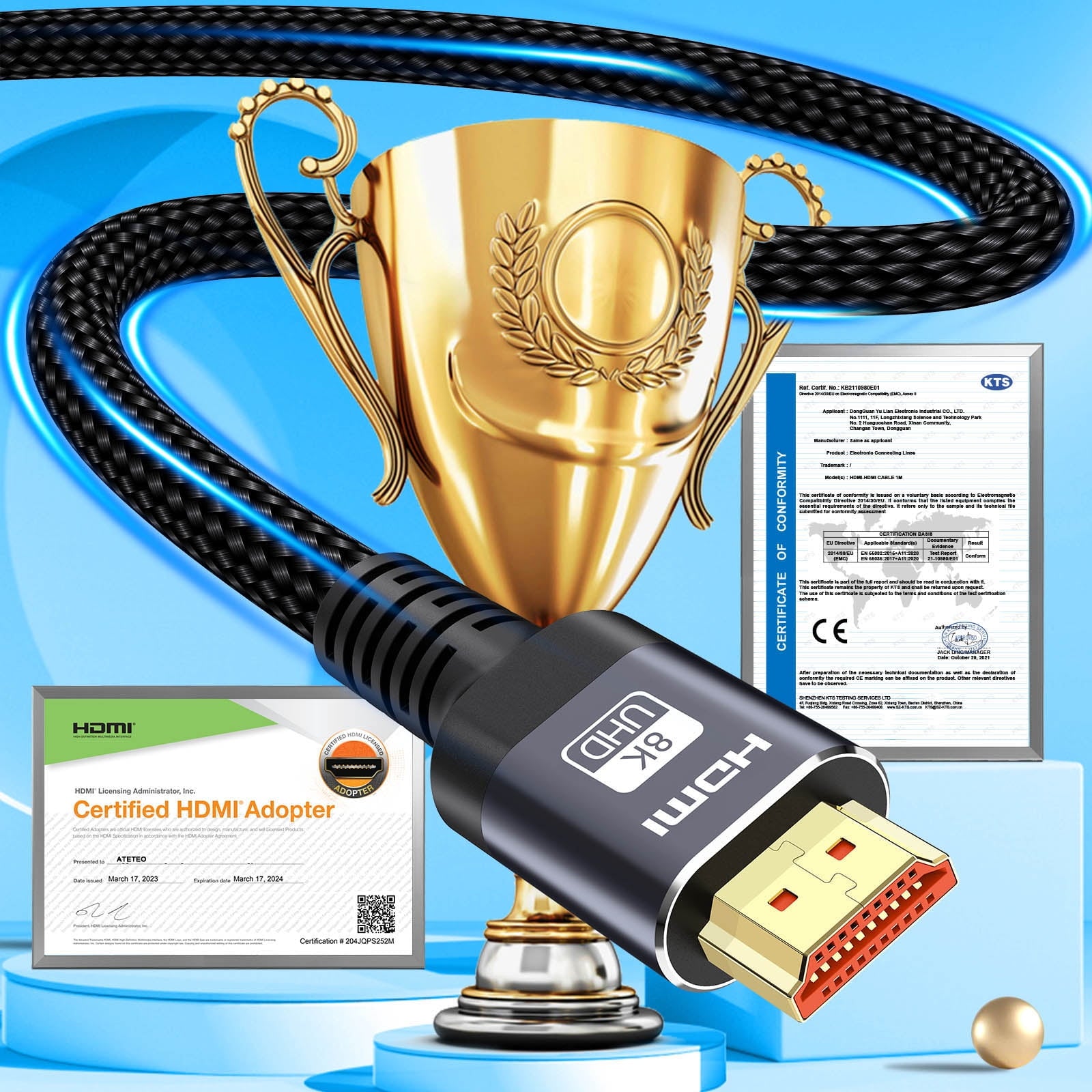 8K HDMI Cable 2.1, 5M/16.4FT Ultra HD Cable High-Speed Lead 48Gbps, HDMI Cables (8K@60Hz 7680x4320, 8K@120Hz) Supports Dynamic HDR, eARC, Dolby Atmos and More