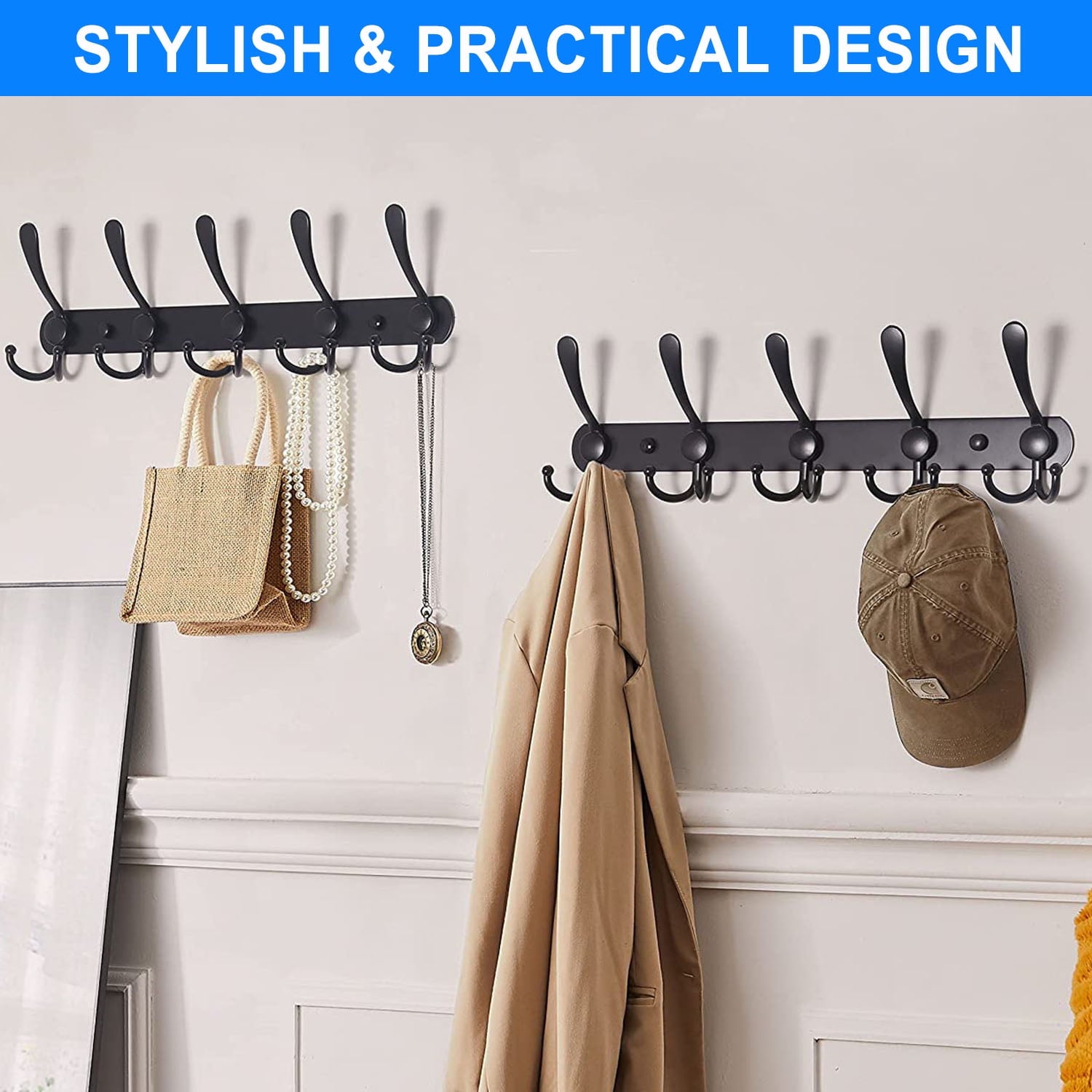 Coat Rack Wall Mount2 Pack Wall Mounted Coat Rack with 5 Tri Coat Hooks, Heavy Duty, Stainless Steel, Metal Coat Hook Rail, for Bathroom, Bedroom, Entryway