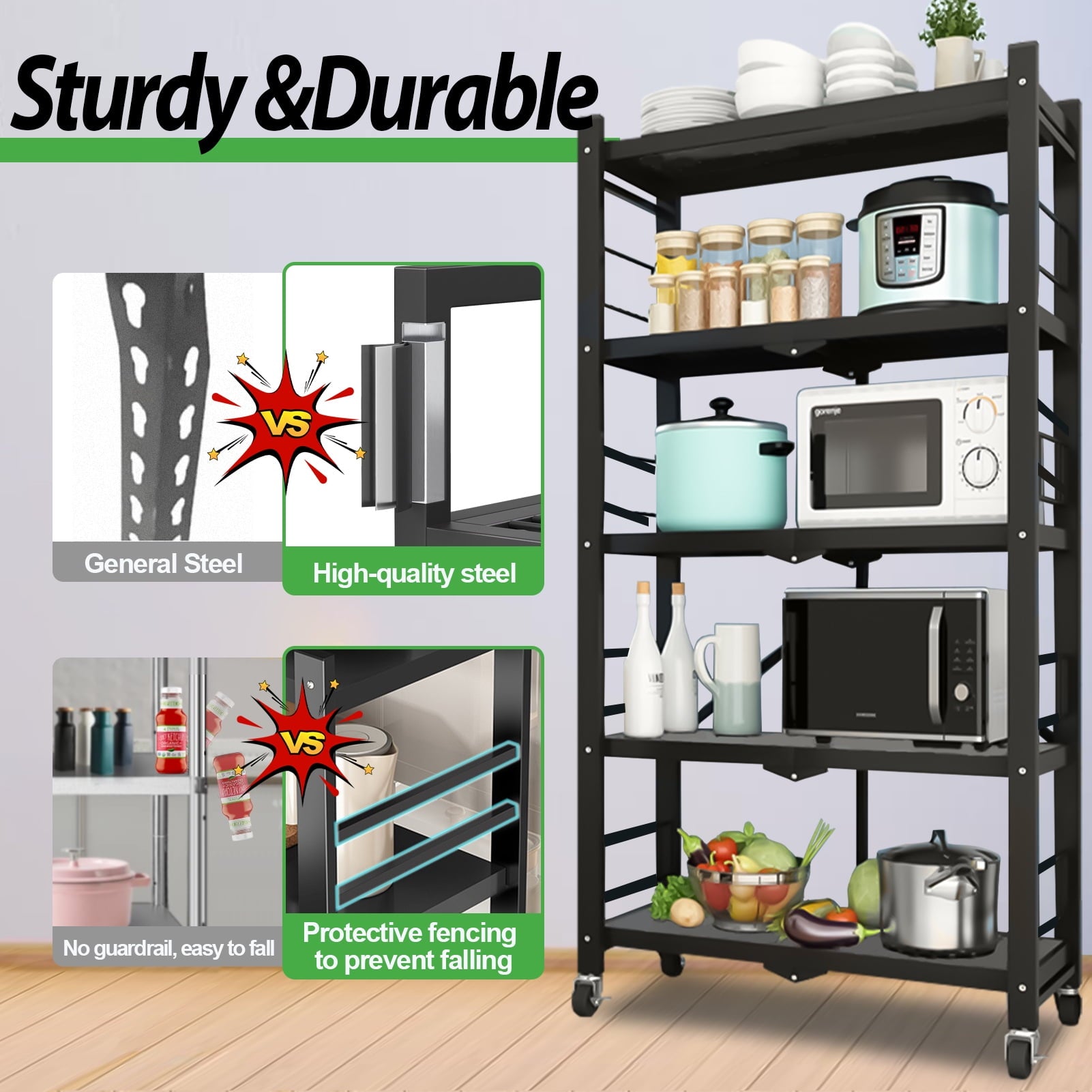 Camkey 5-Tier Heavy Duty Metal Shelving, Foldable with Wheels, No Assembly
