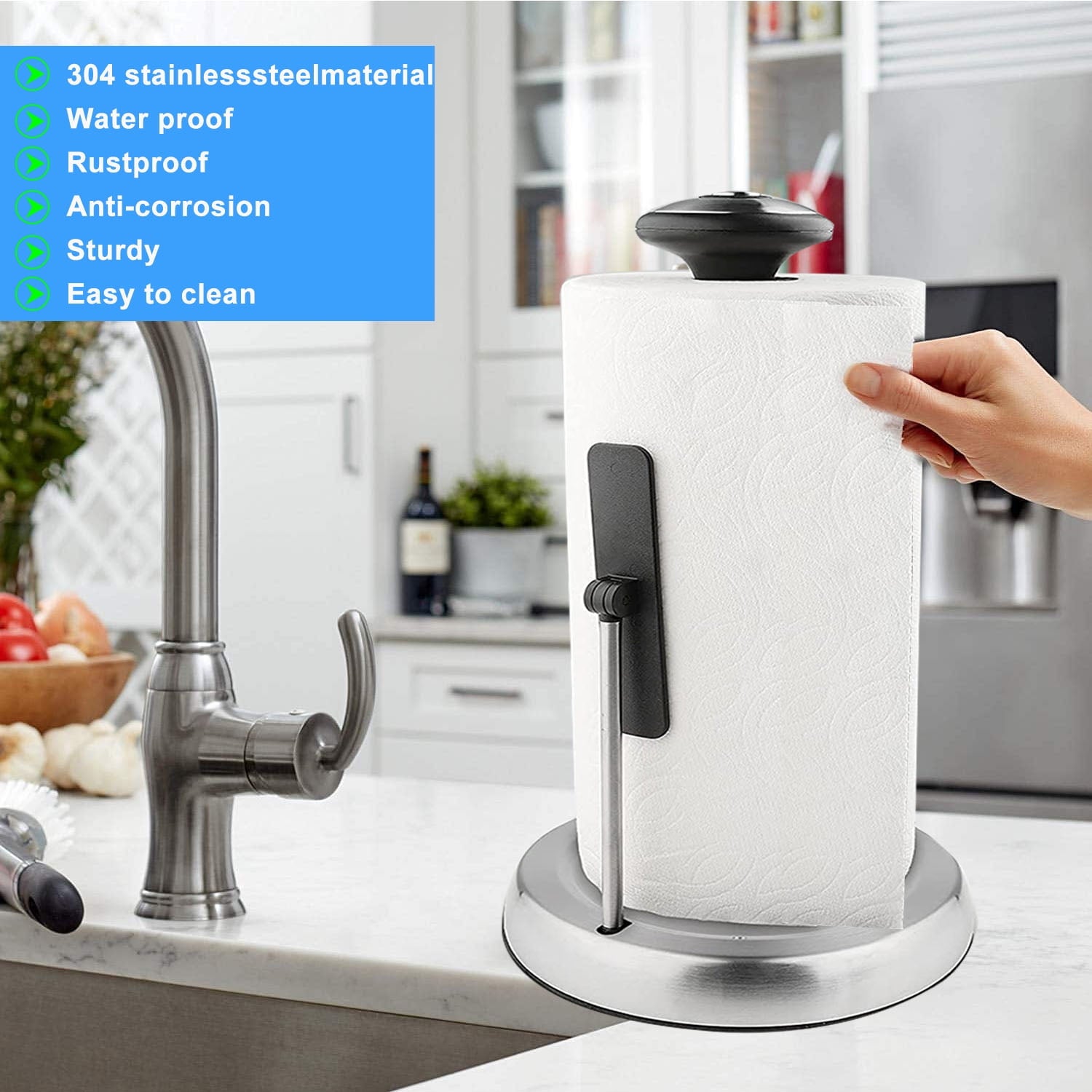 Stainless Steel Kitchen Paper Towel Holder for One Hand Tear with Weighted Base Suction Cups
