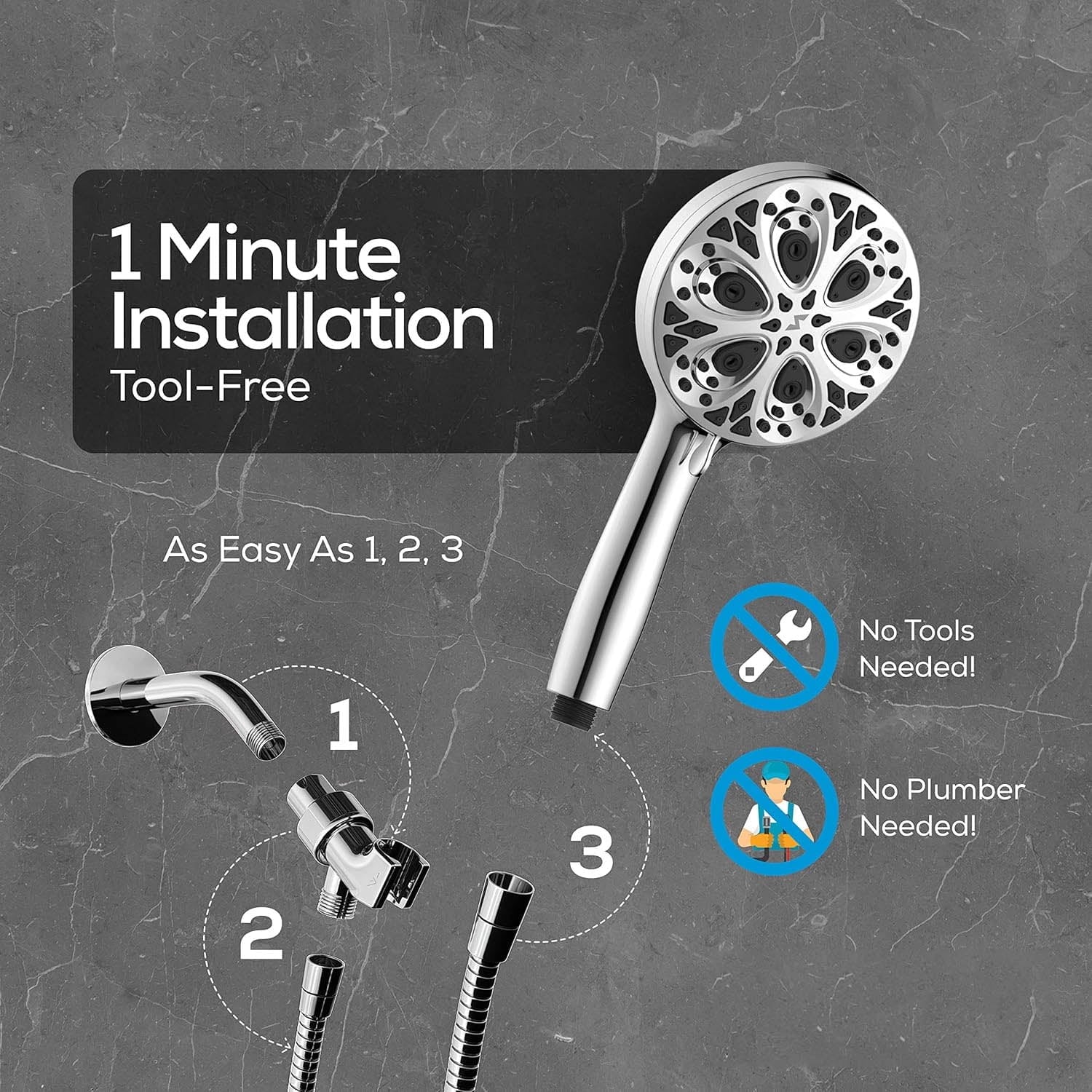 Shower Head,10 Spray Setting High Pressure - Handheld with Stainless Steel Hose & Bracket