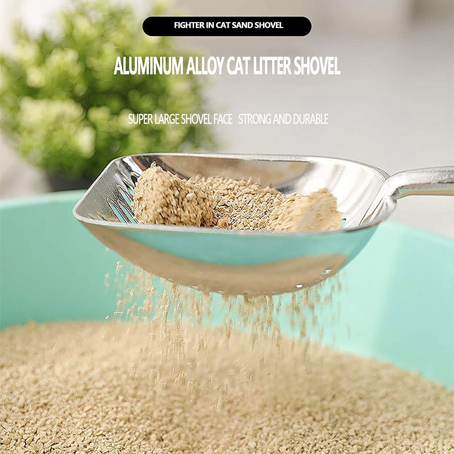 Cat Litter Scoop, Aluminum Alloy Sifter, Deep Shovel Poop Sifting with Long Handle, Pooper Lifter Works with All Type of Cat Litter, Metal Kitty Litter Scooper for Litter Box with Holder
