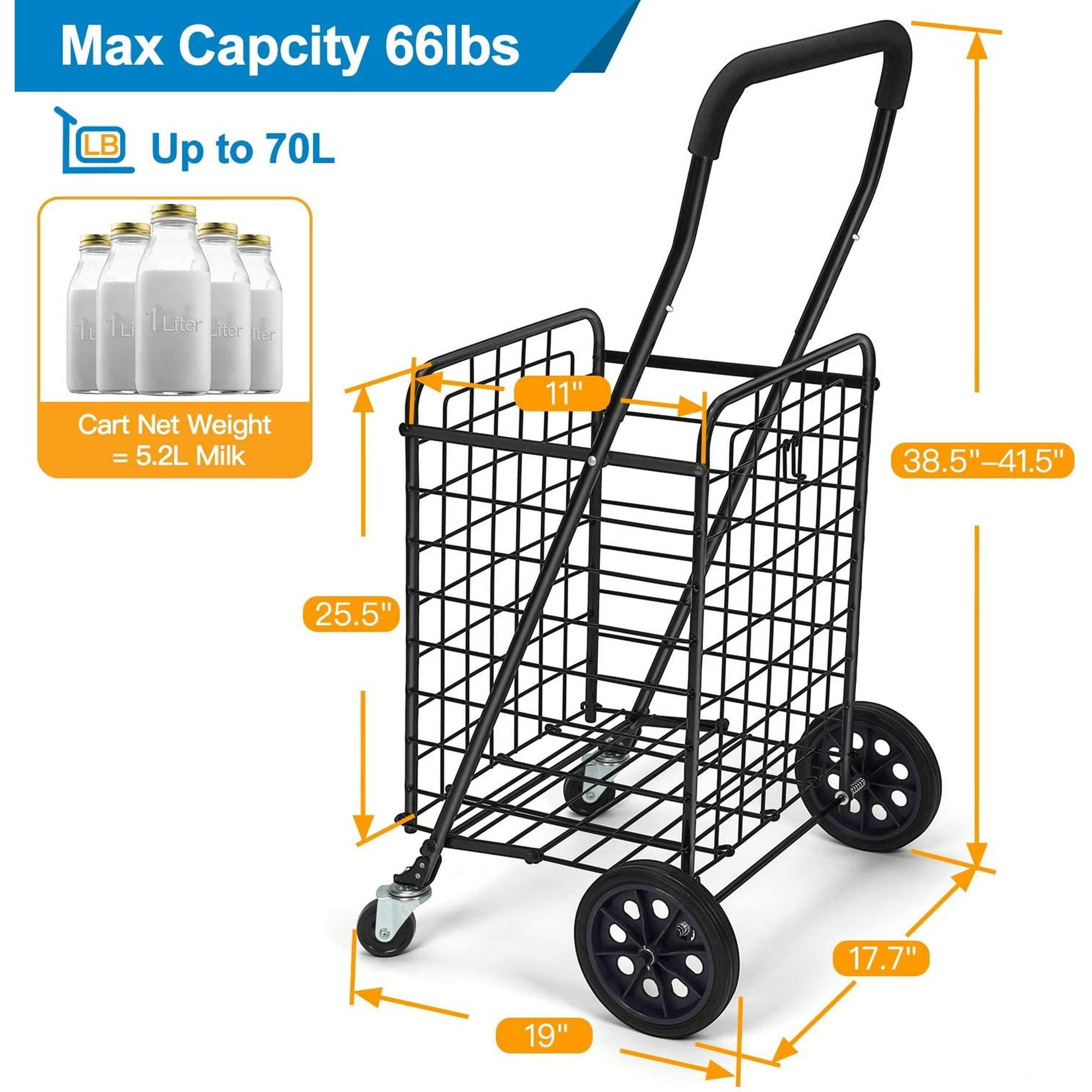 HKEEY Folding Jumbo Shopping Cart Rolling Utility Cart Grocery Cart With Adjustable Handle & Dual Swivel Wheels