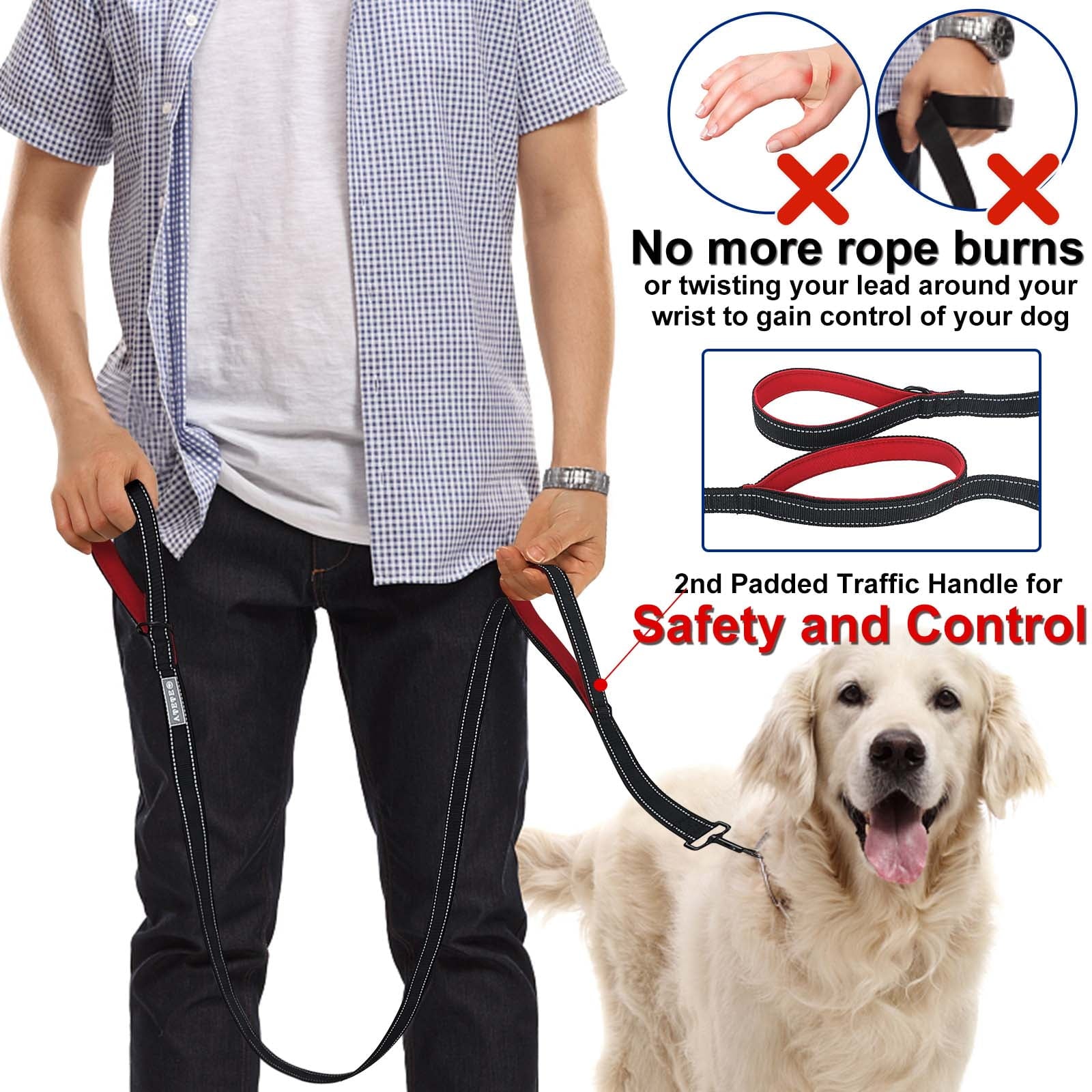 Dog Leash, Reflective Nylon Dog Lead with Two Padded Handles, Dog Leash for Training & Walking Perfect