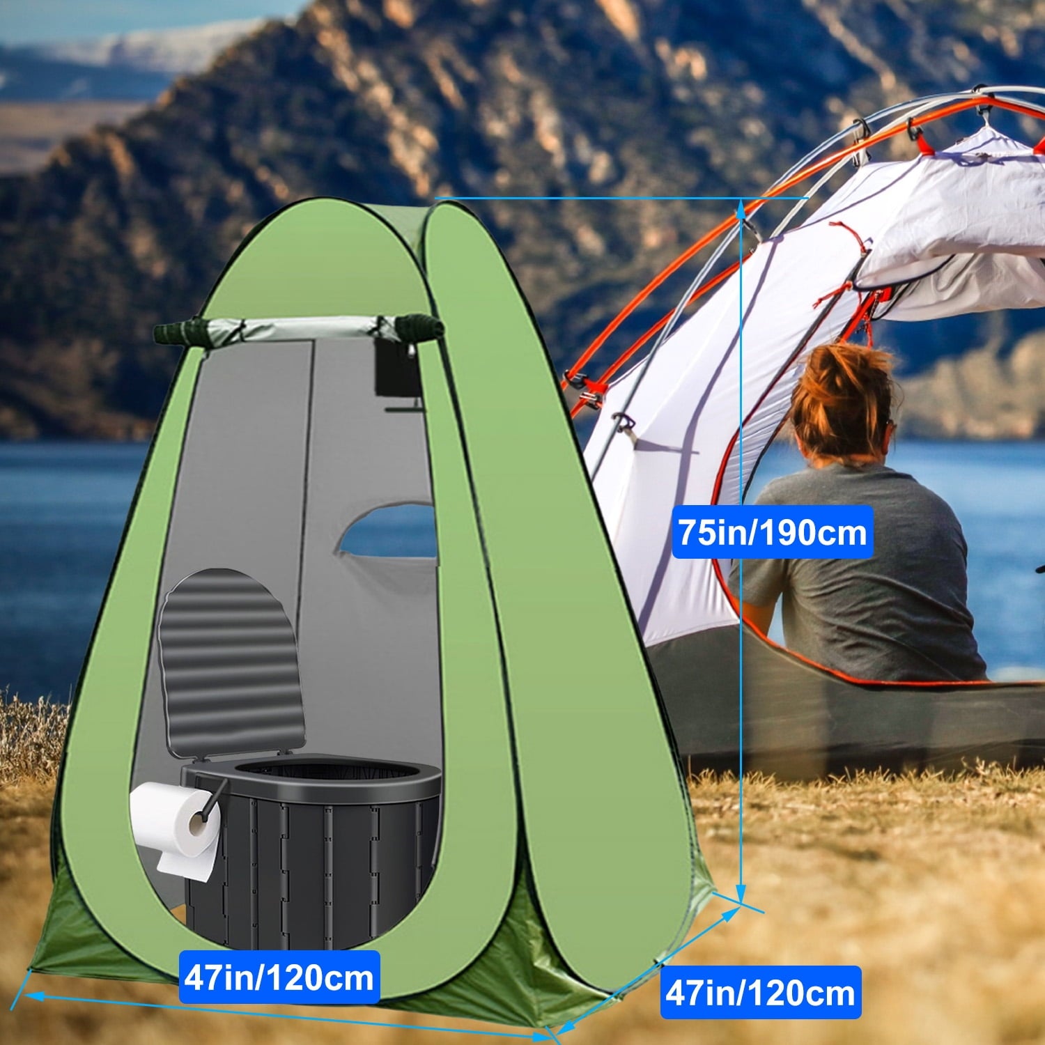 Portale Foldable Camping Toilet Set with Privacy Tent, Ergonomic Potty Provides Enhanced Comfort, Suitable for All Ages, Black