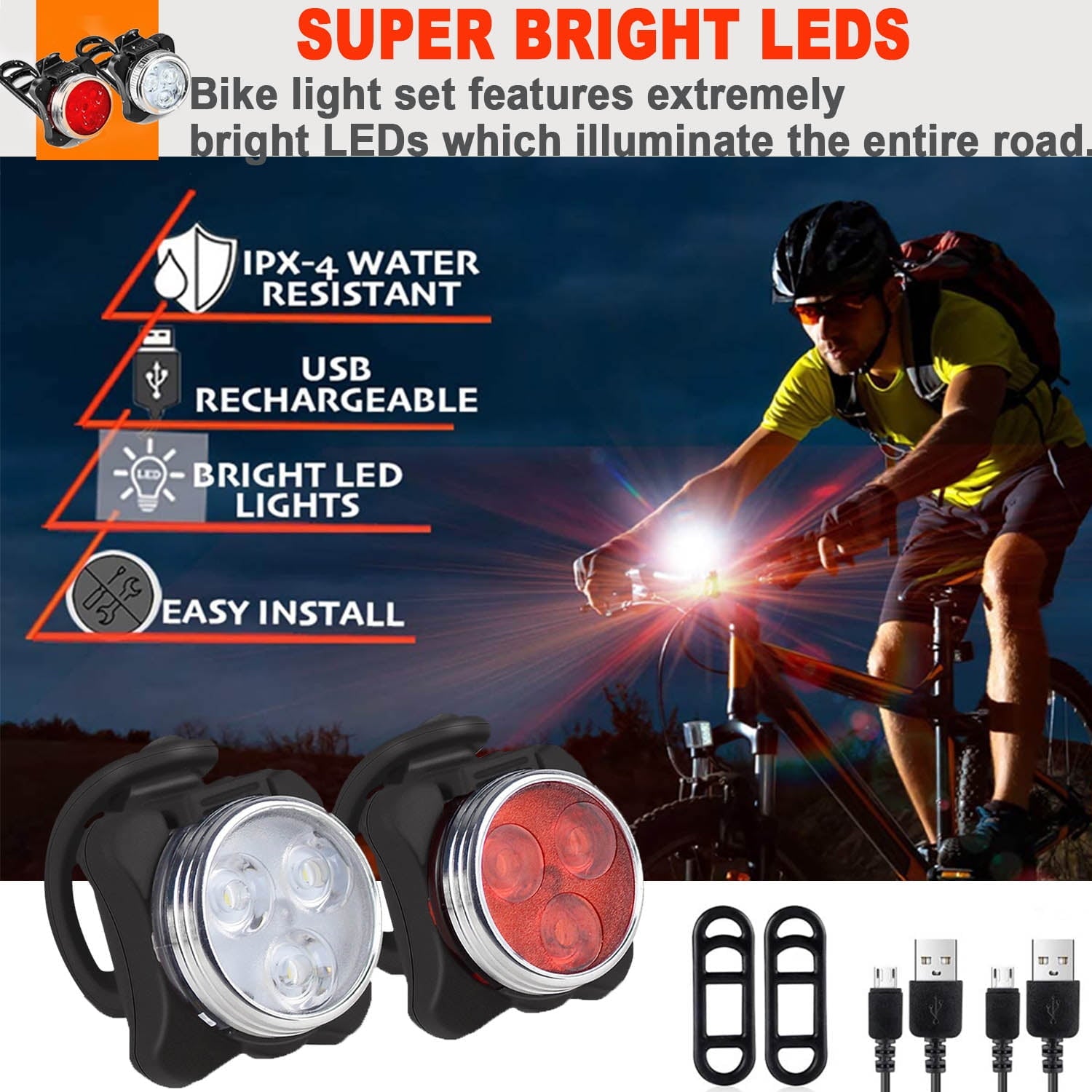 USB Rechargeable Bike Light Set,Super Bright Front Headlight and Rear LED Bicycle Light