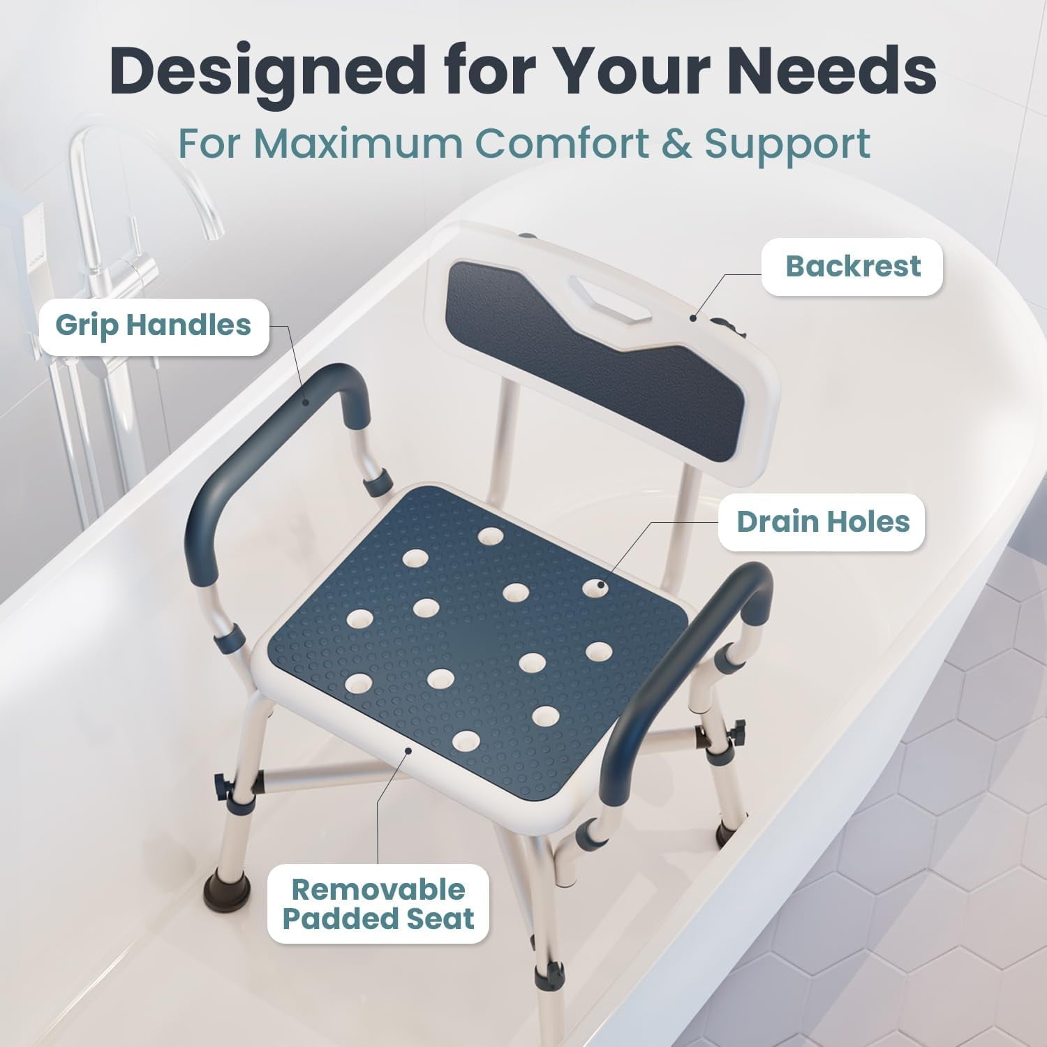 Bath Shower Chair Shower Stool with Shower Grab Bar, Height Adjustable Bath Bench, Support 350 lbs for Seniors, Elderly, Disabled, White