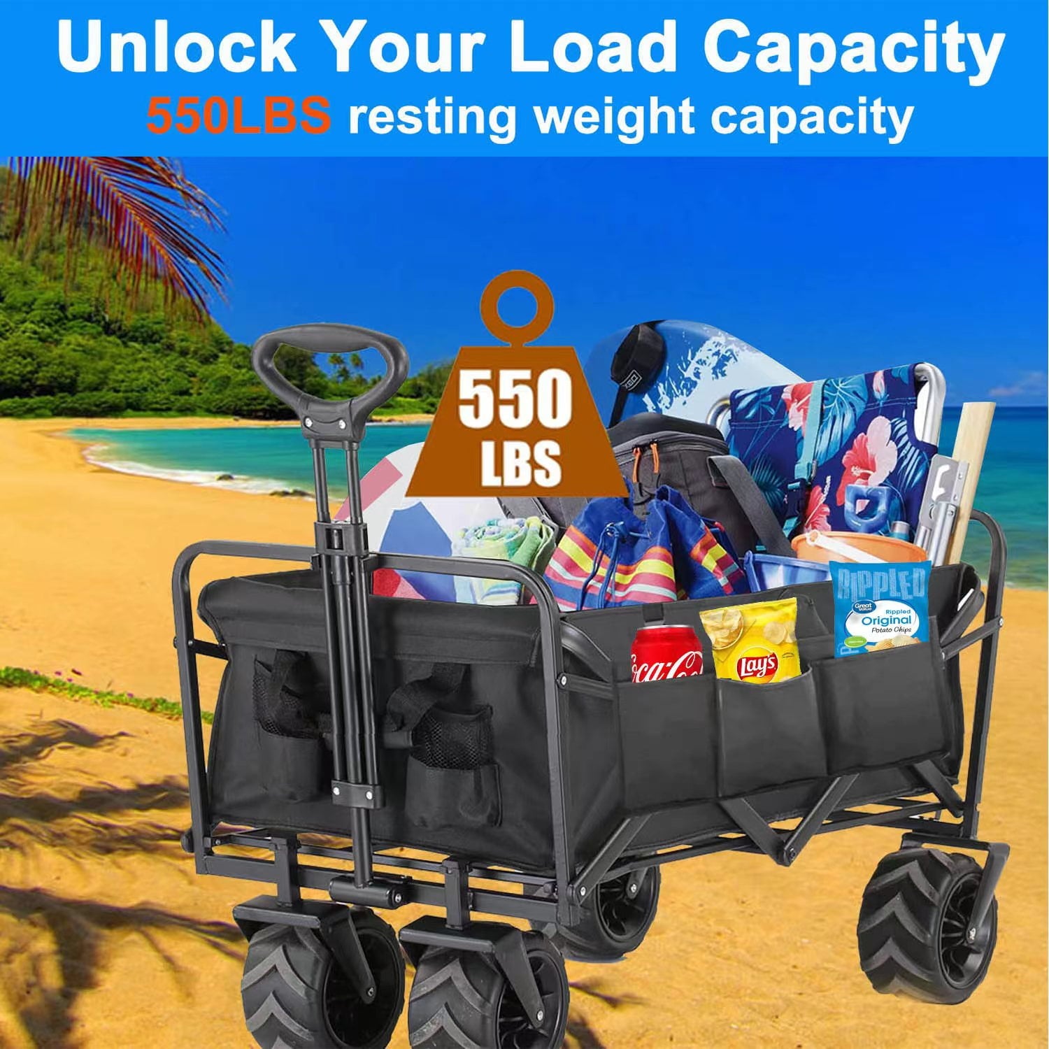 Heavy Duty Folding Wagon Garden Cart with Aluminum Table Plate & Storage Bag, 350LBS Large Capacity Portable Utility Cart with All-Terrain Wheels for Grocery ,Garden,Shopping, Camping, Beach