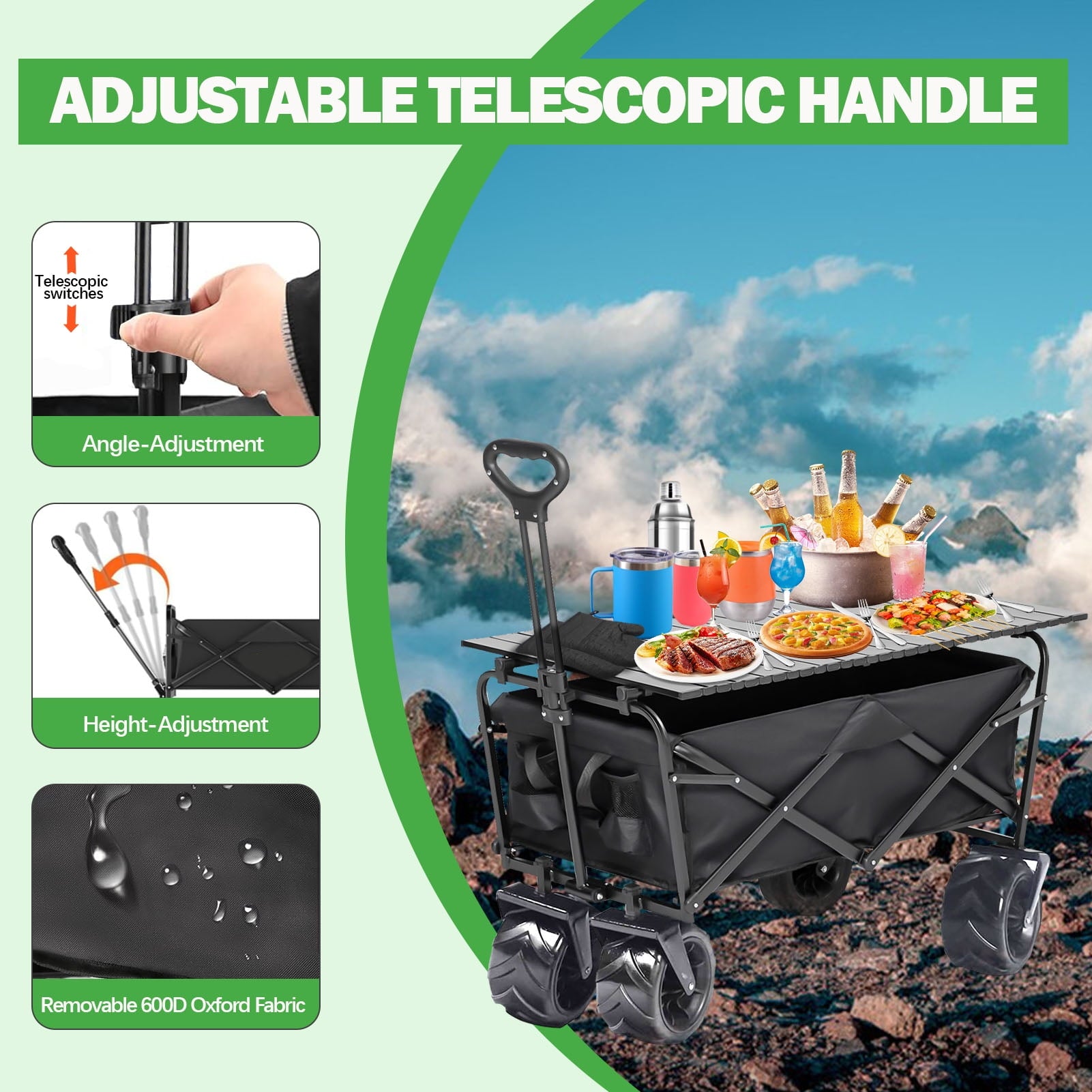 Foldable Wagon Cart with Aluminum Table Plate, 360° Rotating Wheels for All Terrain, 350LBS Heavy Duty Shopping Cart for Grocery, Beach, and Outdoor Adventures