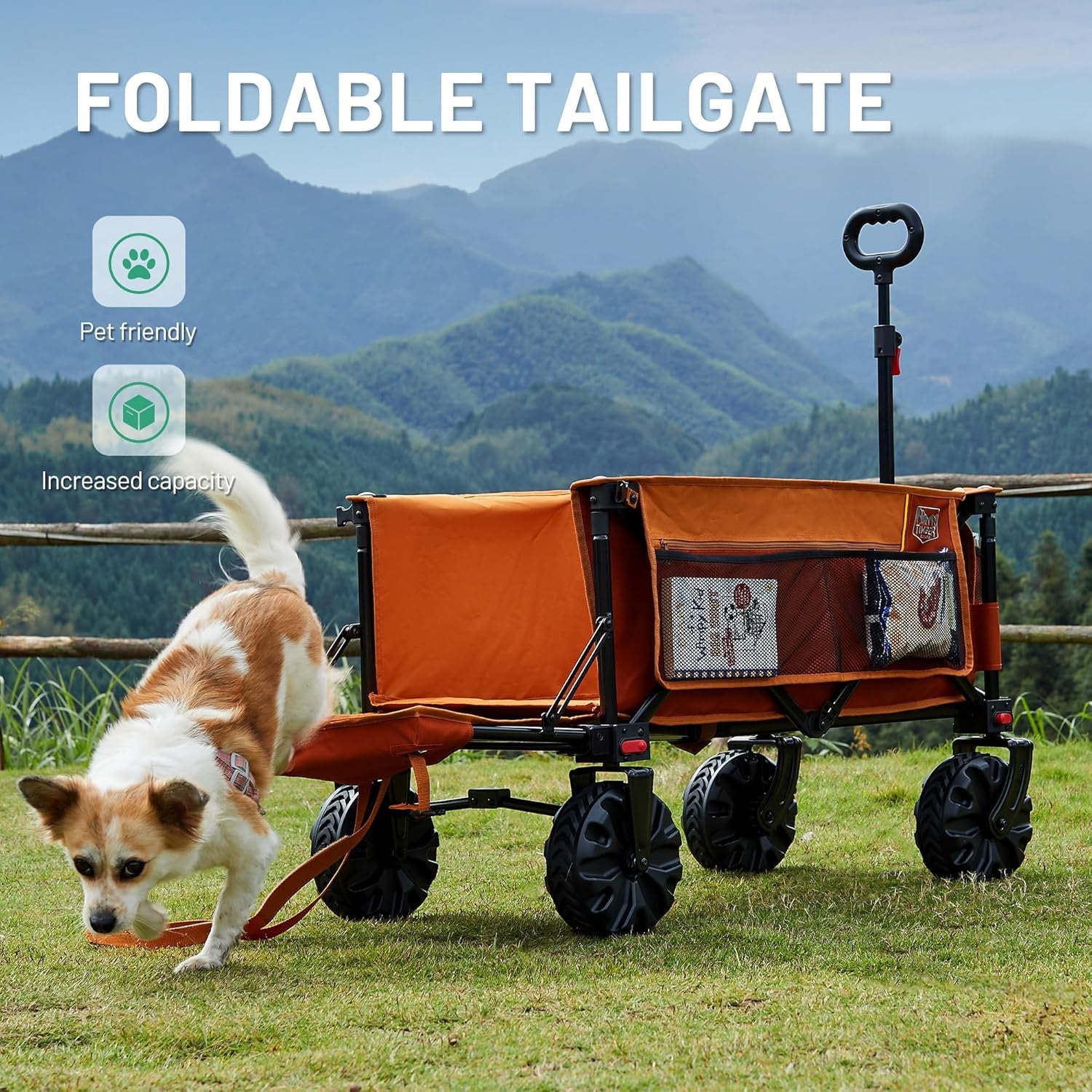 300L Folding Beach Trolley Cart with Adjustable Tailgate, 135kg Collapsible Wagon with Detachable Wide Wheels & Adjustable Handle for Outdoor Camping Garden, Orange