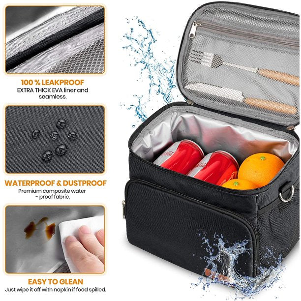 HKEEY Insulated Dual Compartment Lunch Bag for Men, Women Double Deck Reusable Lunch Box Cooler with Shoulder Strap, Leakproof Thermal
