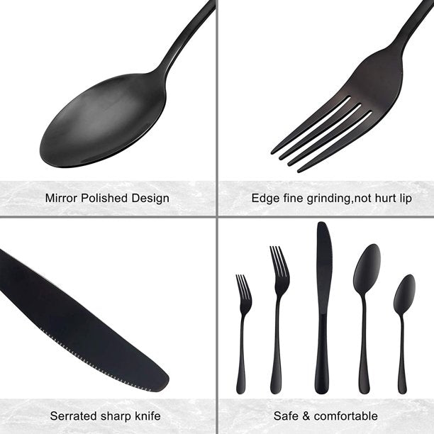 HKEEY Silverware Set,[5 Pcs]Black Flatware Sets,Stainless Steel Eating Utensils Cutlery Includes Knives/Spoons/Forks,Tableware for Home Restaurant Party,Shiny Mirror Polished,Dishwasher Safe