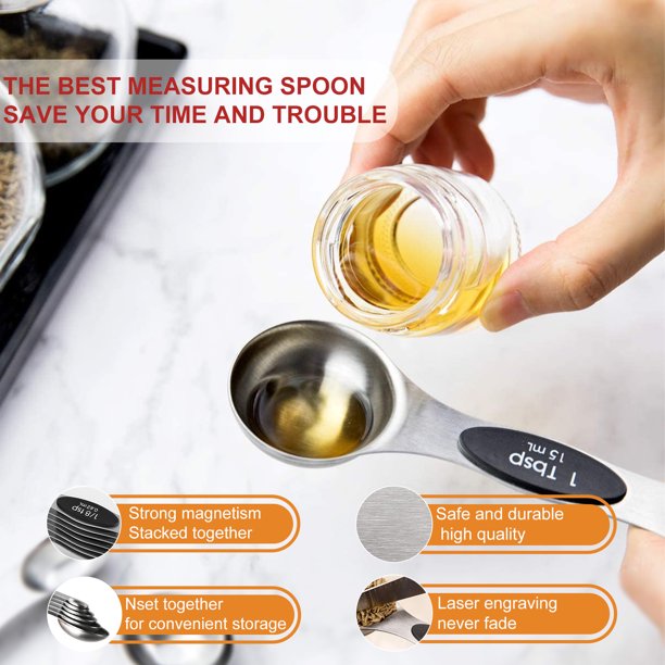 Musment Magnetic Measuring Spoons Set, Dual Sided, Stainless Steel, Fits in Spice Jars (8Pcs-Black)