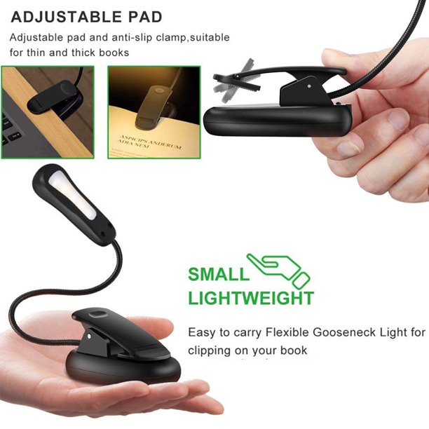 Book Light, Rechargeable Reading Light 5 LED Easy Clip on Reading Lamp, 3 Color Temperature, Portable Task Lamp (Black)
